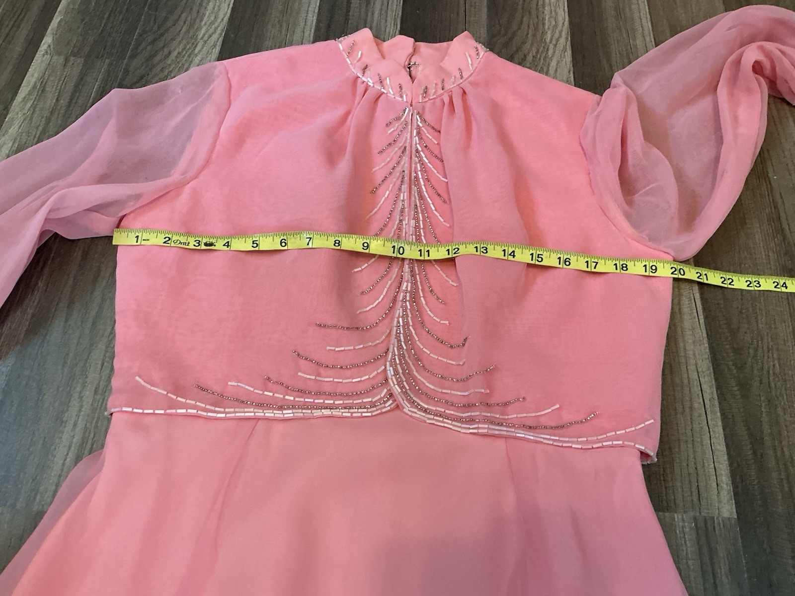 VTG 70’s Elgin Maxi Gown Dress Pink Chiffon Beadwork 5 Victorian Regencycore USA