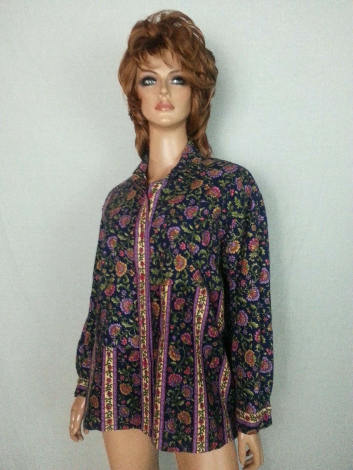 Vtg 70 80s Hand Made Blouse Top Button Down Blue Floral Long Sleeve Hippie L