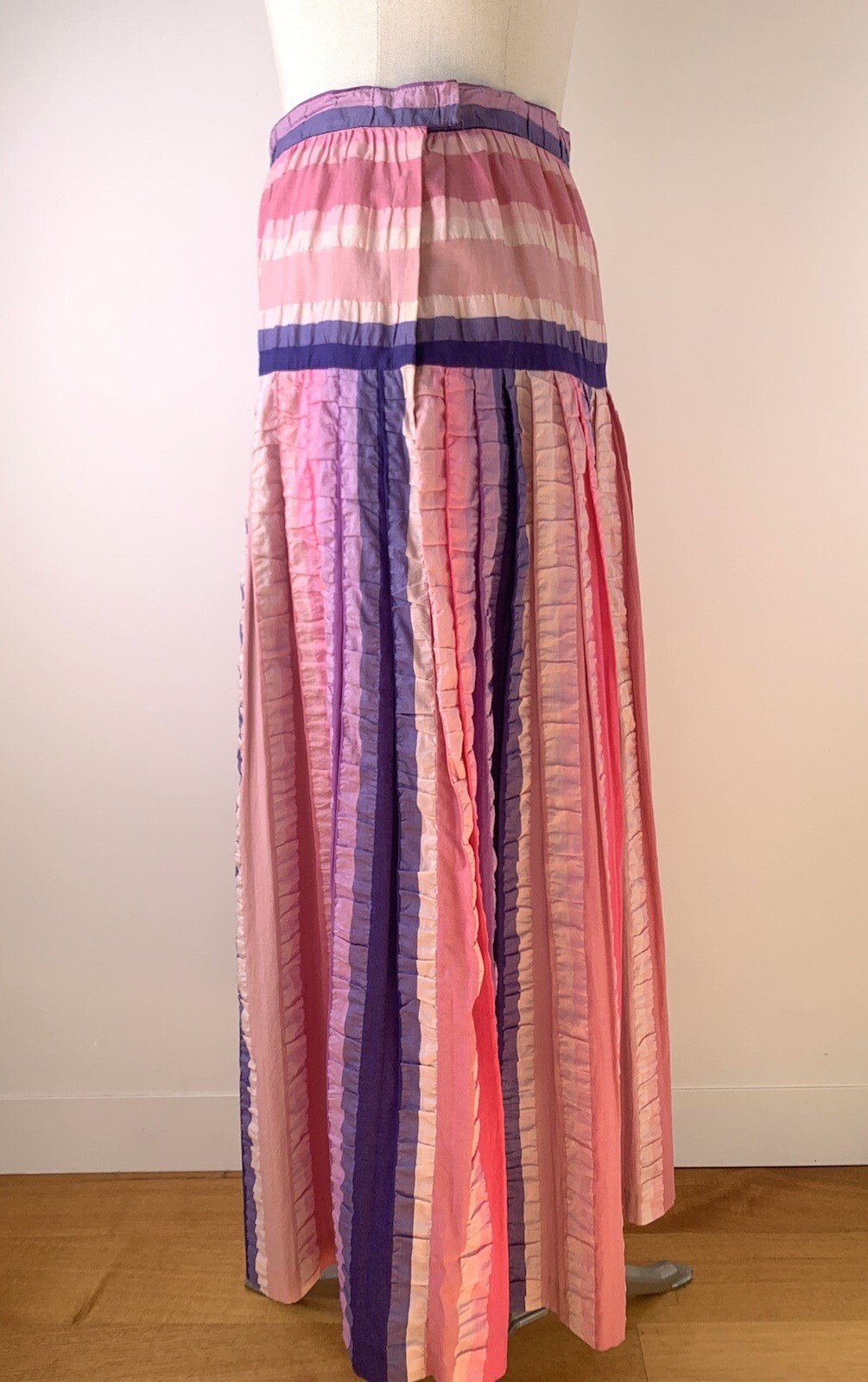 Vintage 1970s Maxi Skirt Madras Seersucker Pastel Rainbow Stripe Handmade S/M