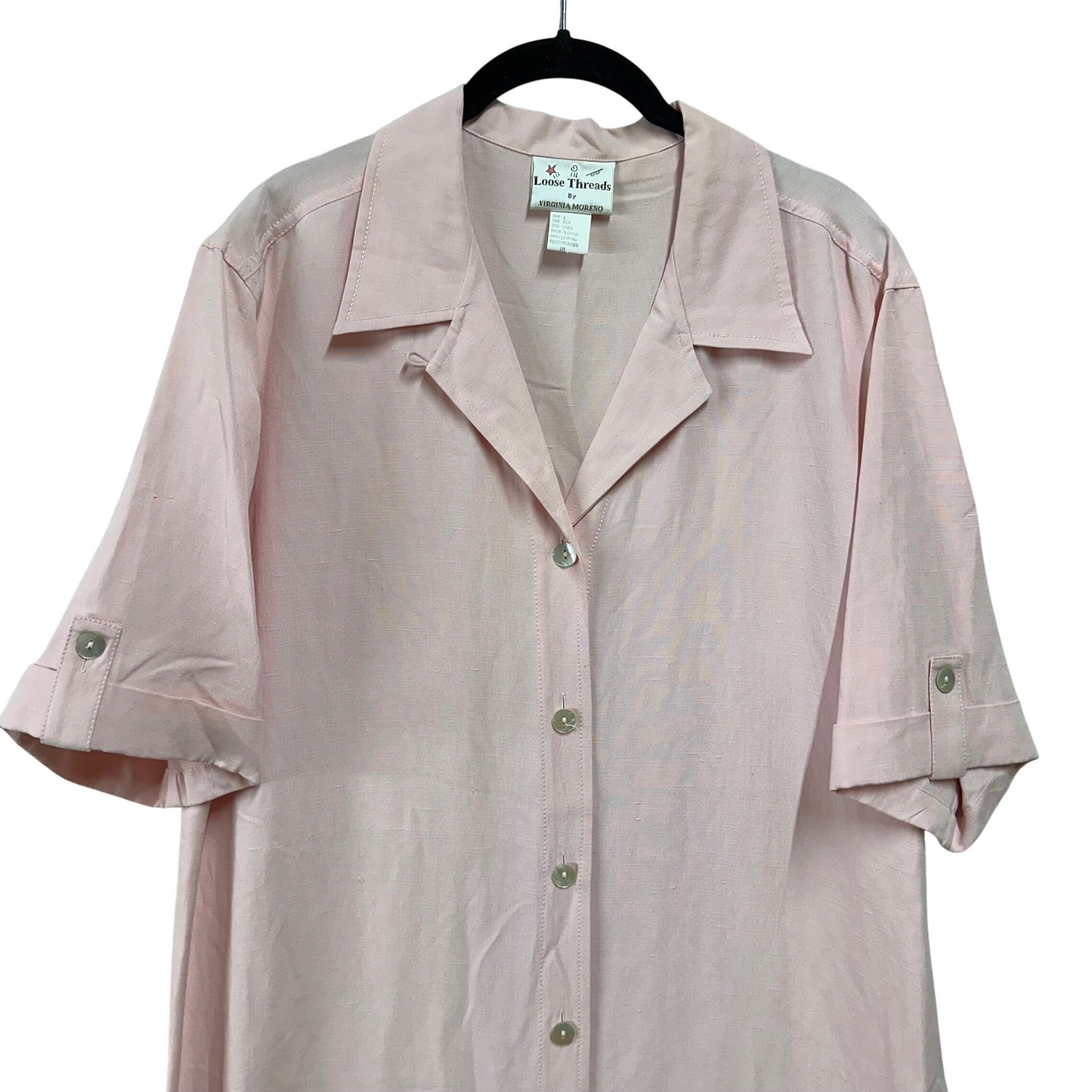 VTG Loose Threads Virginia Moreno Pink Long Shirt Dress Silk Linen Blend Size L