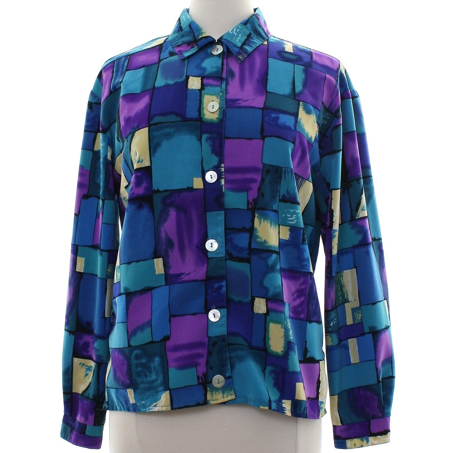 Vintage 80s Women’s Medium Sears Geometric Blouse Purple Teal Button Front Shirt