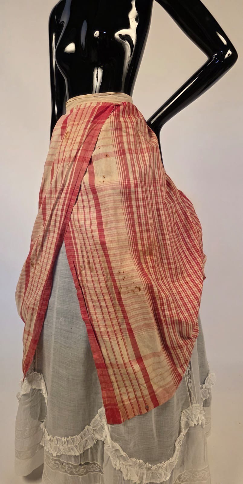 VICTORIAN 19TH C PLAID COTTON POLONAISE BUSTLE BACK OVERSKIRT SKIRT