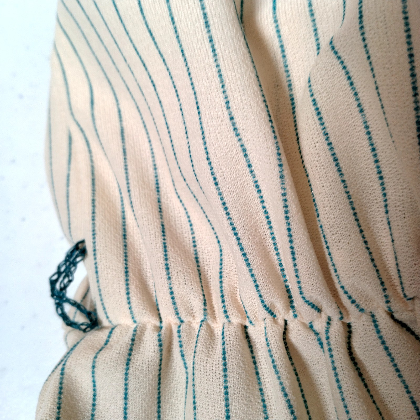 Vintage 1970s Dress Size 7 Ivory Blue Stripe Button Up Collar Belted Secretary