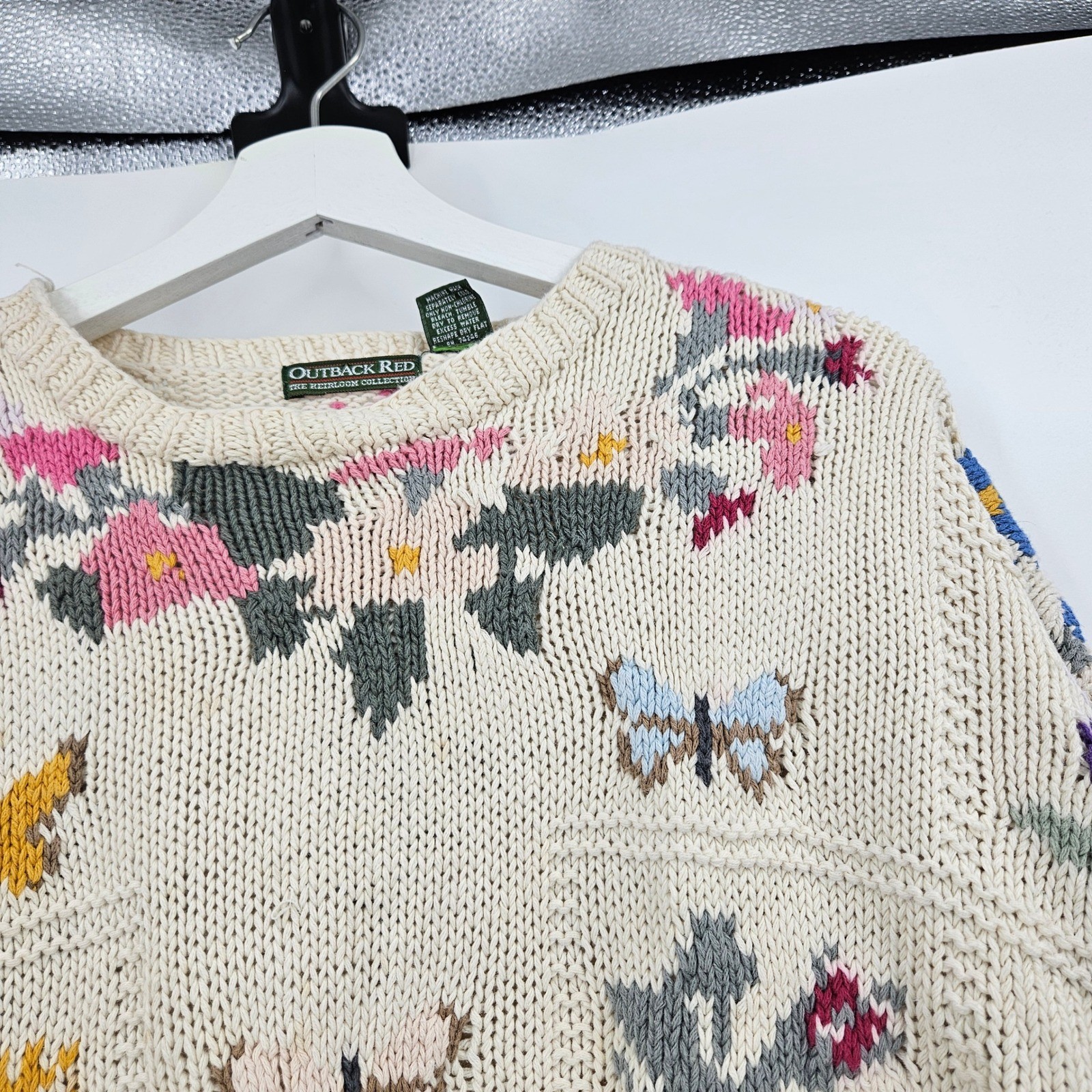 Vintage y2k Outback Red Grandma Sweater Cream Butterfly Floral Knit Pullover M