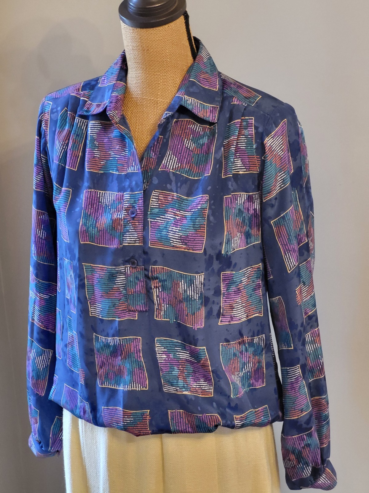 Da Rue Of California Vintage Blue Polyester Geometric Design Blouse Large