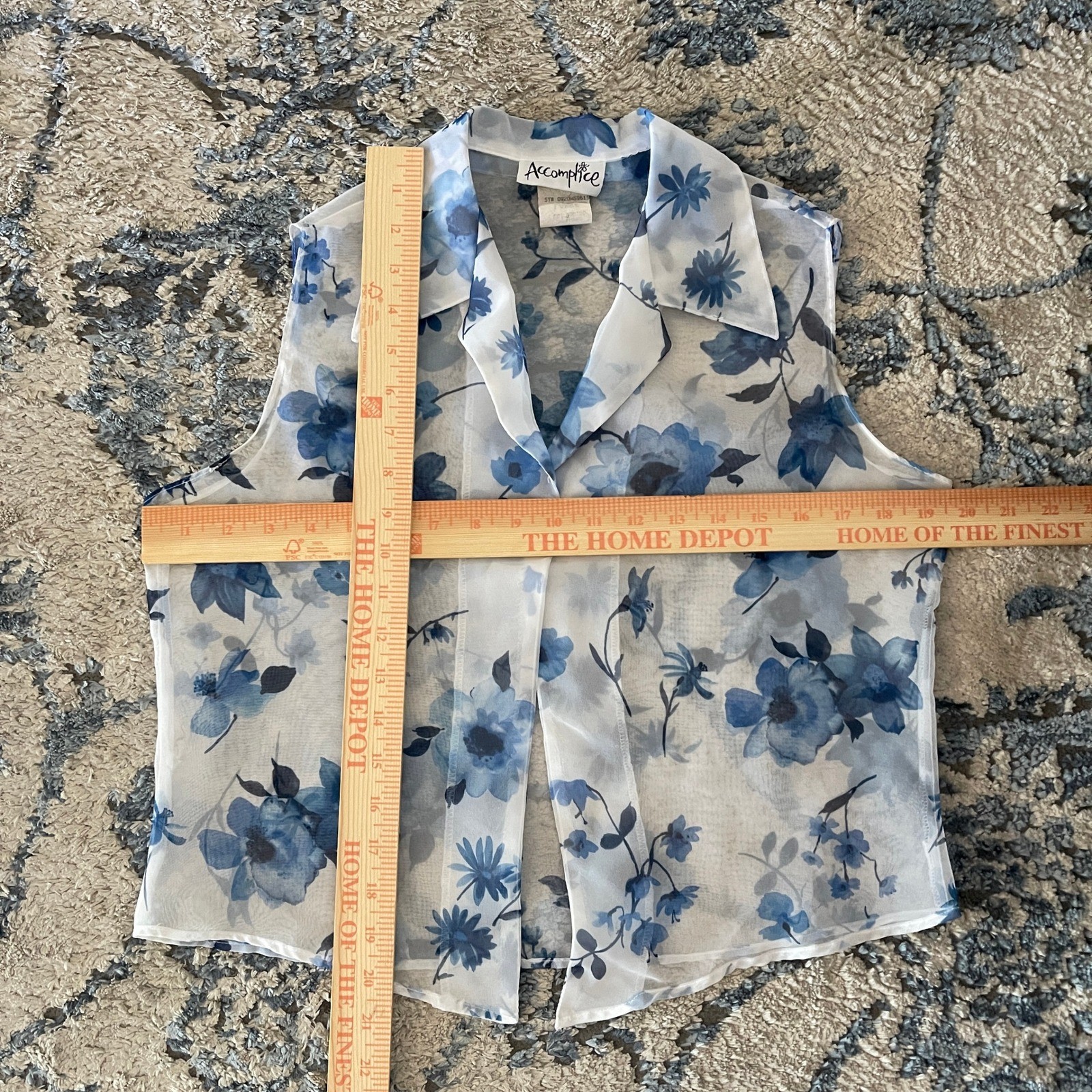 Vtg 90s Blue Floral Sheer Chiffon Sleeveless Blouse Top Soft Girl Coquette L