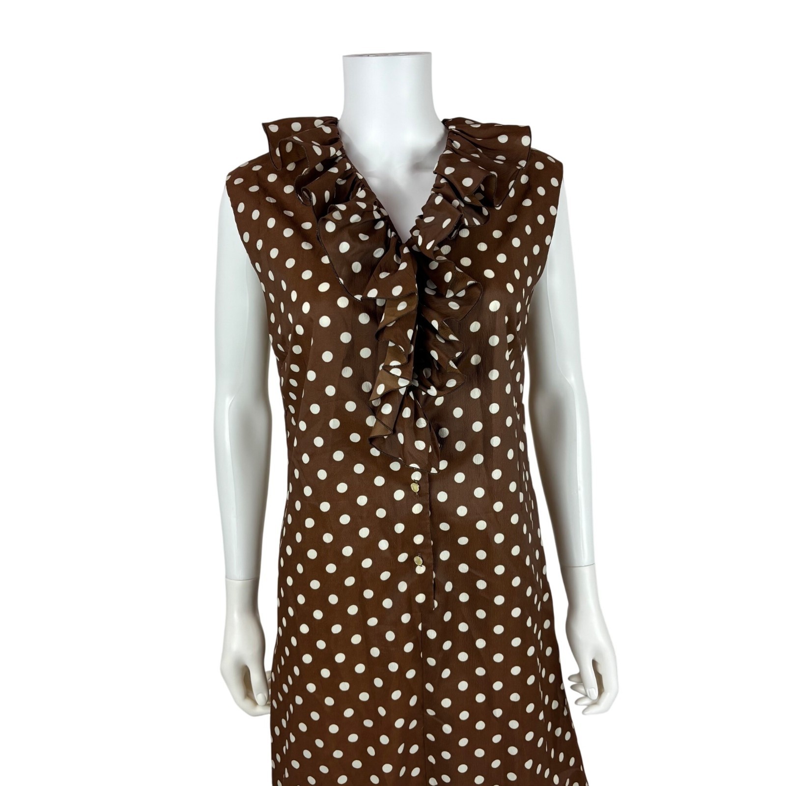 Vintage 60s Polka Dot Dress Womens Large Brown White Ruffle Collar Shift