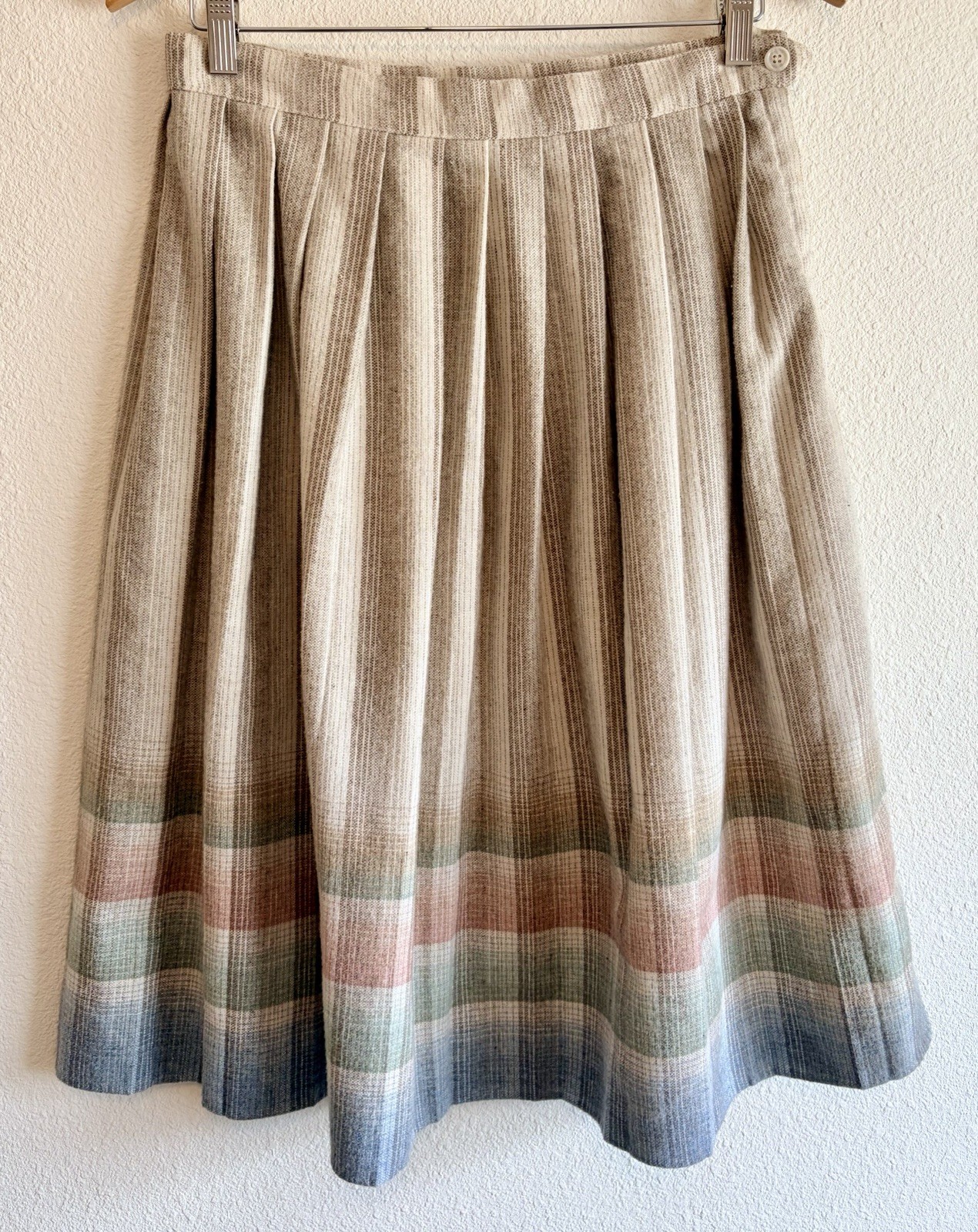 VTG 50s 60s Tartan PLAID WOOL SKIRT Pleats Striped Pastels MIDI W30 USA made