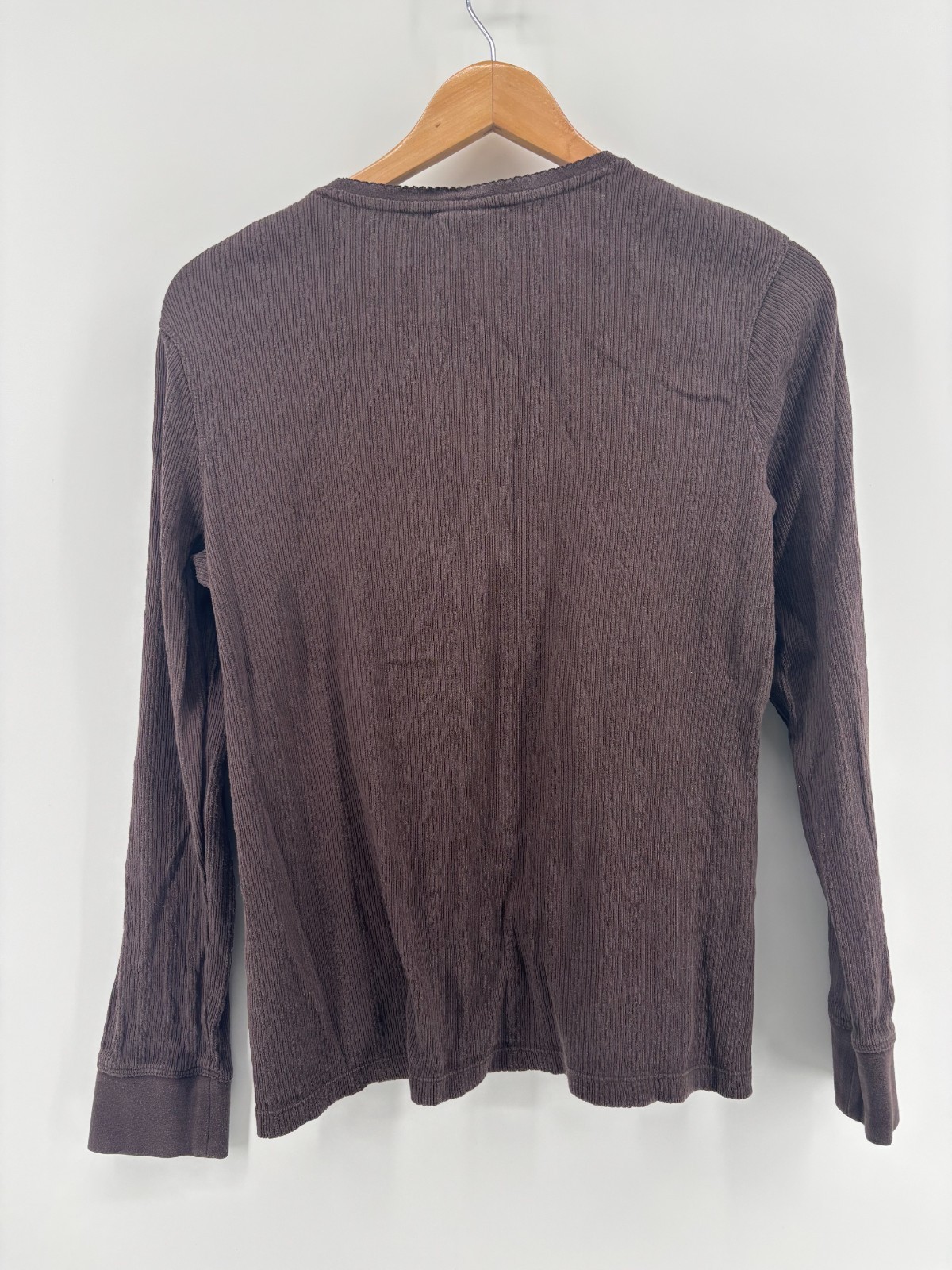 LL Bean T-Shirt Womens Dark Brown Cotton Ribbed Long Sleeve Large Vintage