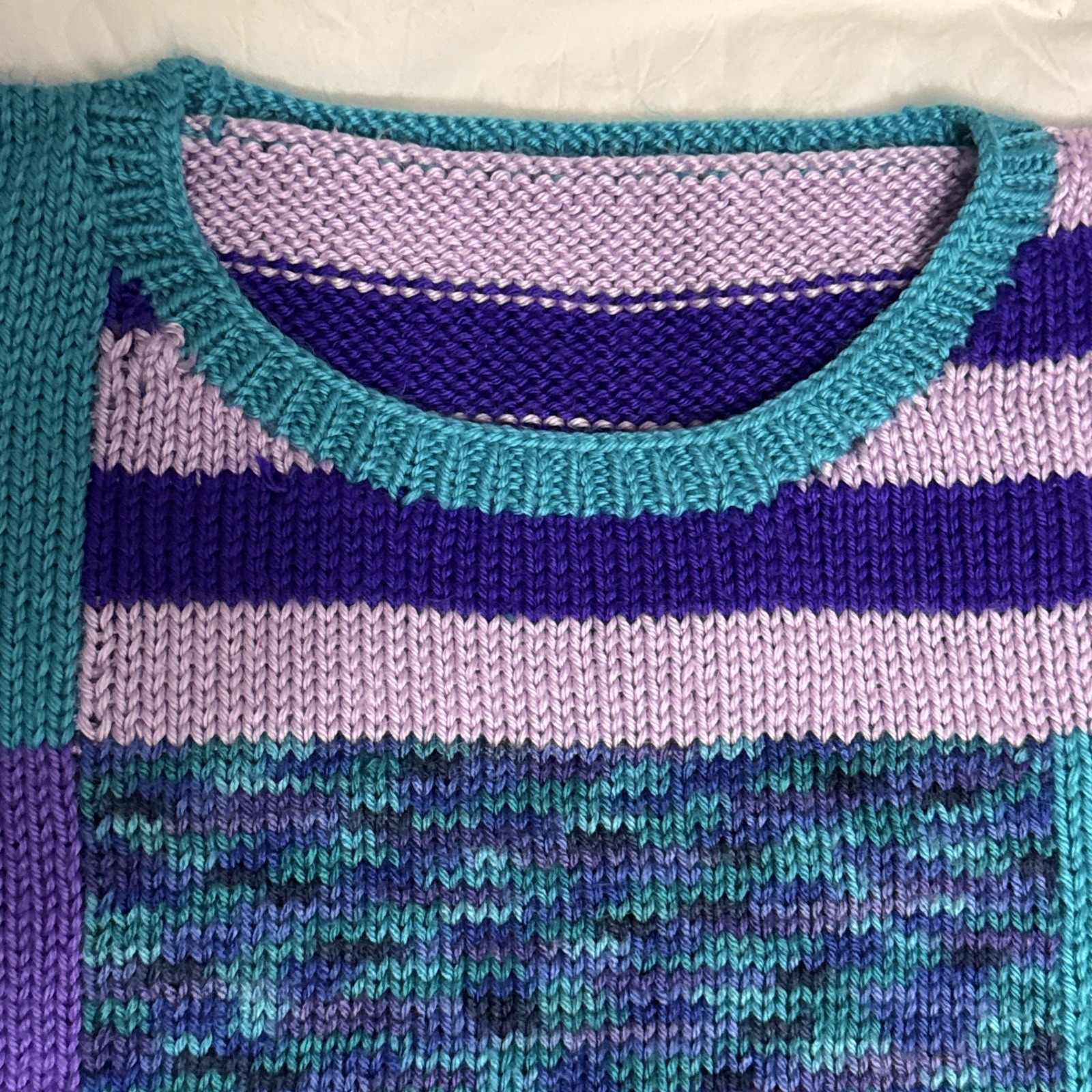 Vintage Handmade Knitted Purple Turquoise Colorblock Sleeveless Sweater Vest XL