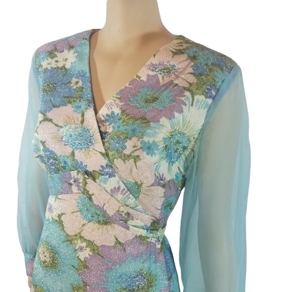 Vtg 70s floral lurex metallic sheer sleeve chiffon hostess formal maxi dress