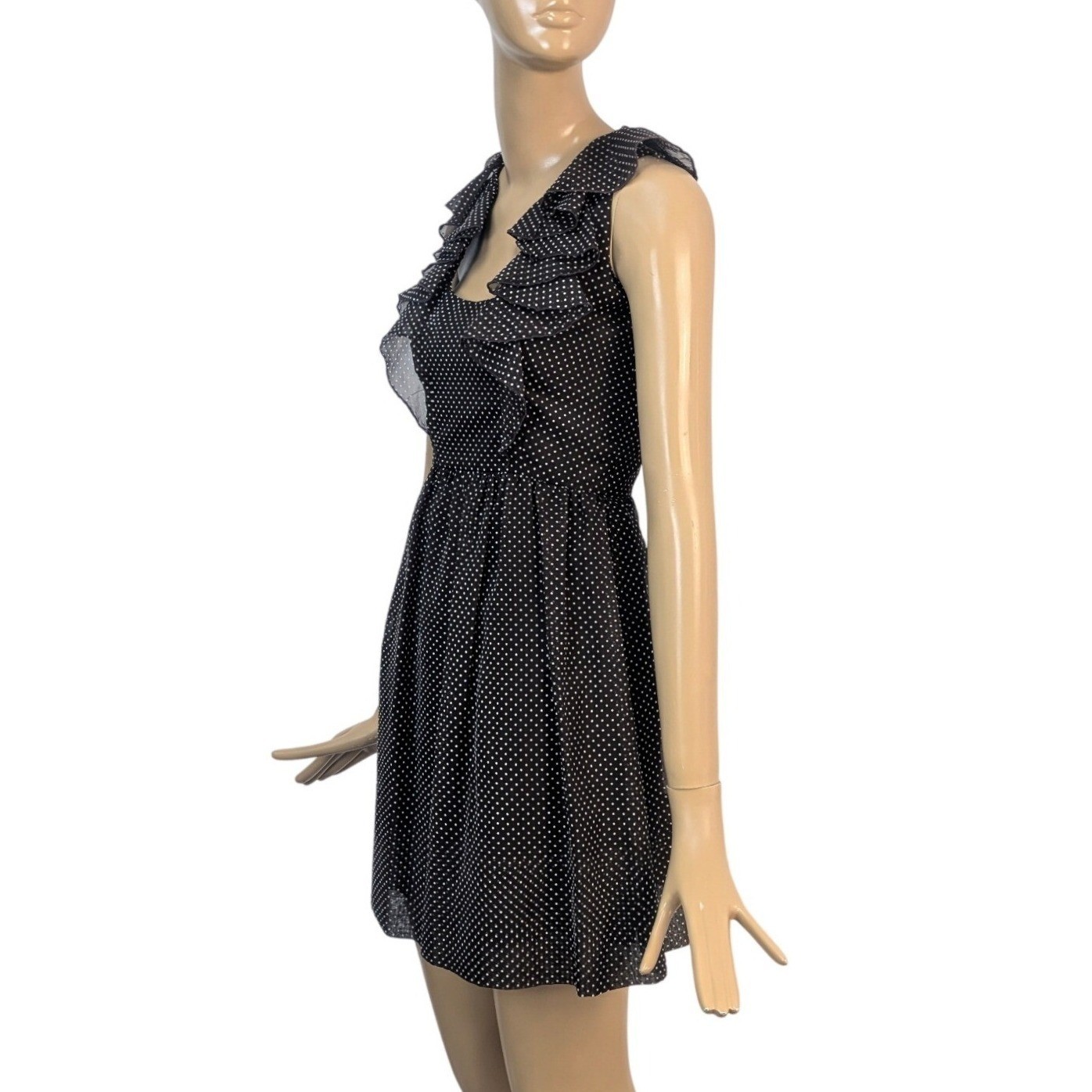 Vintage 60s Rodrigues Chocolate Brown Mod Polka Dot Ruffle Neck A-Line MiniDress