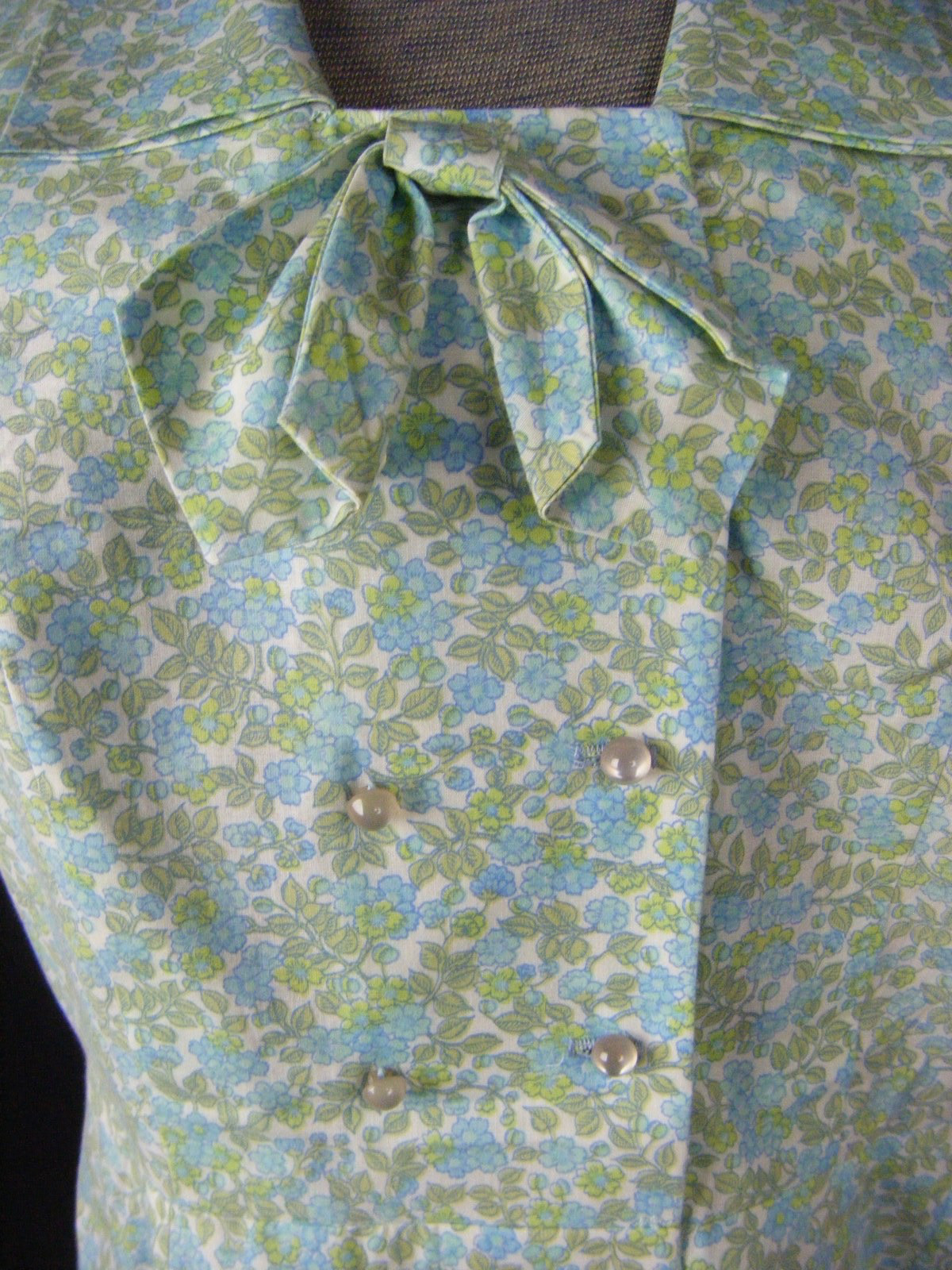 PAT PERKINS Vtg 50s Blue Green Floral Bow Sleeveless Summer Dress-Bust 41/S-M