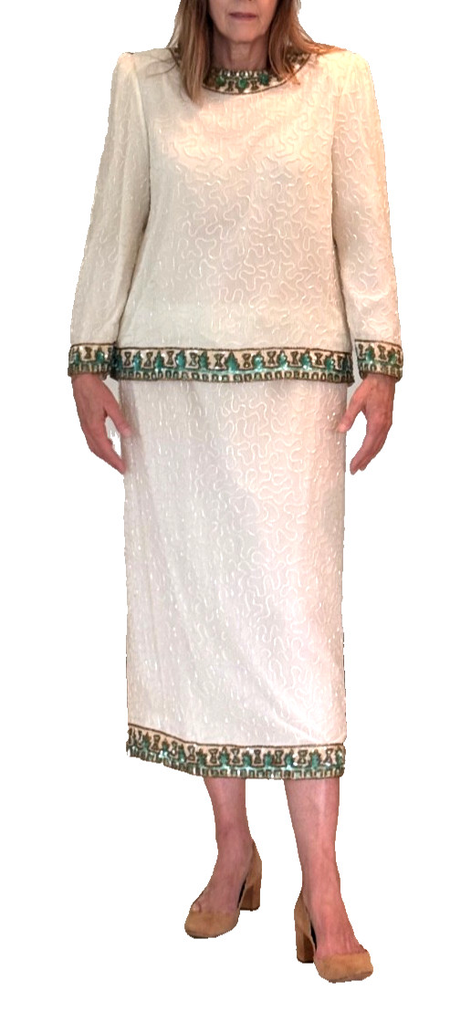 Vintage 70’s Women’s Dressy Scala 100% Silk Beaded Blouse and Skirt Set LG
