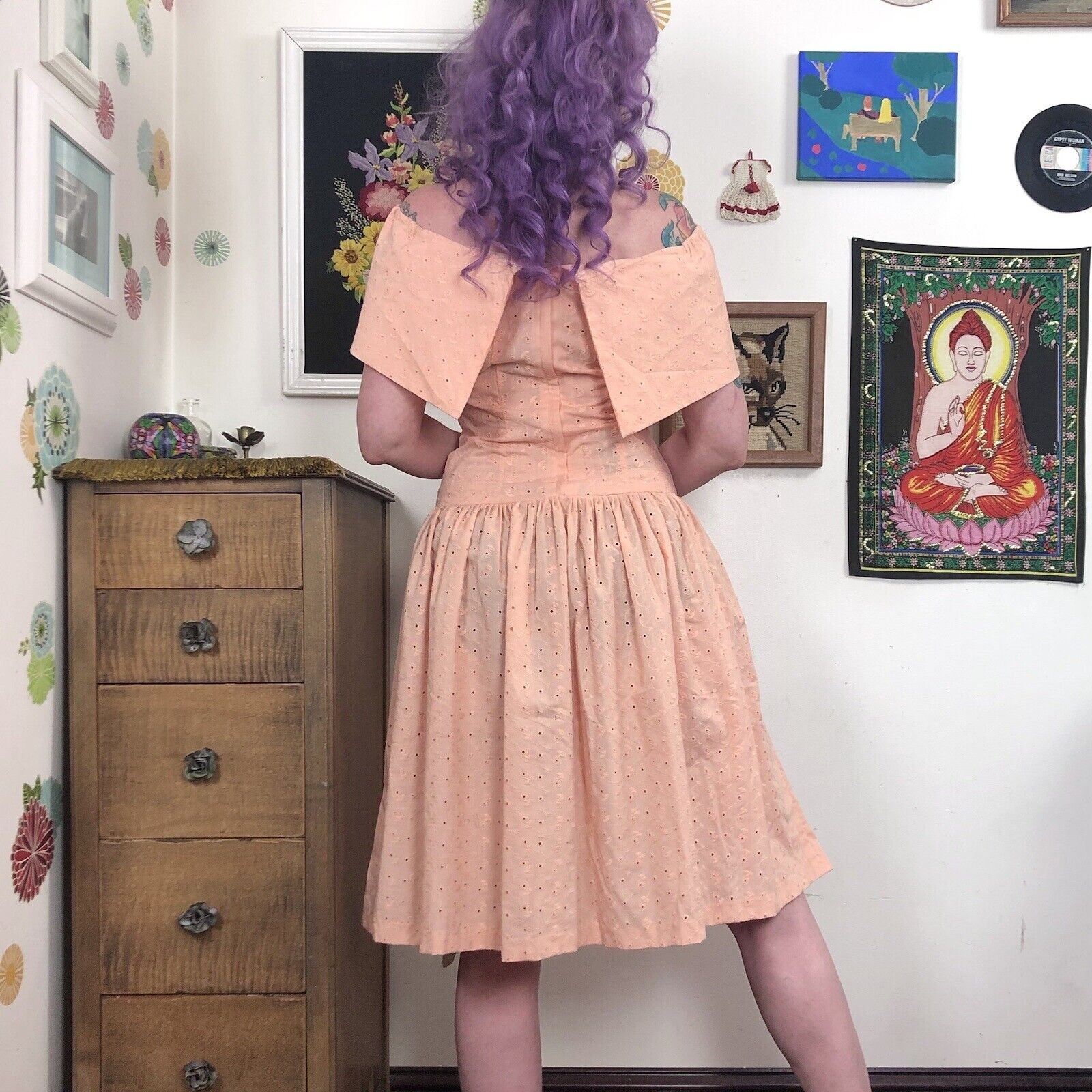 Vintage Eyelet Dress, 1980s Peach Cotton Cottagecore Dress, Off-Shoulder Size S