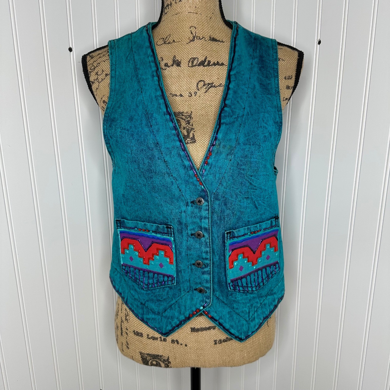 Vtg Turquoise Tyrtle Painted Design Wear Vest Southwestern Acid Wash Festival OS