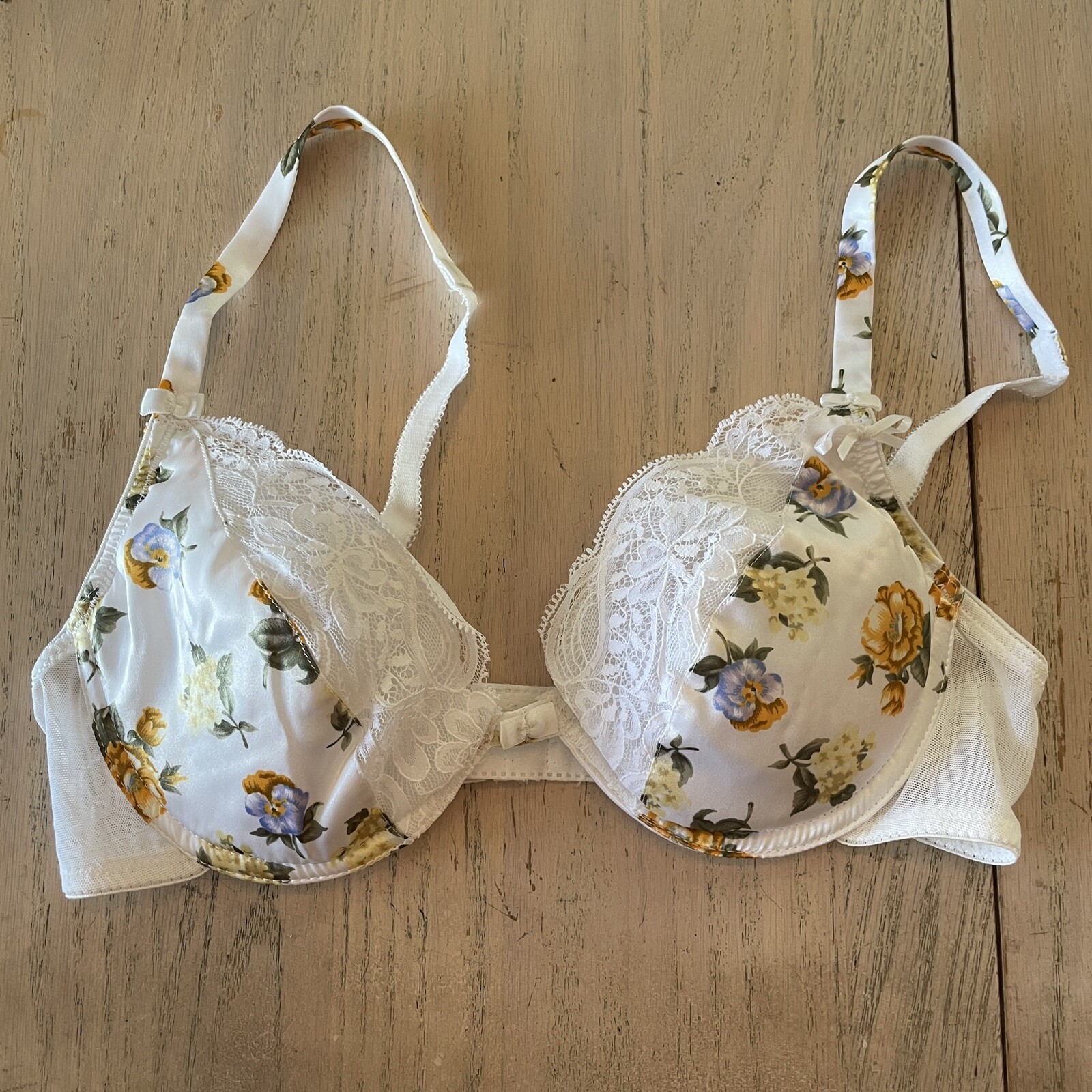 Vtg Oscar de la Renta Satin Lace Bra Padded Underwire Union 36B White Floral