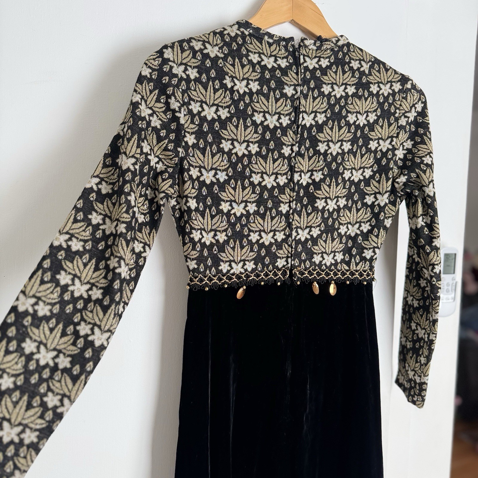 Vintage 60s Gold & Black Baroque Quilt Top & Velvet Skirt Maxi Dress XS 1960s