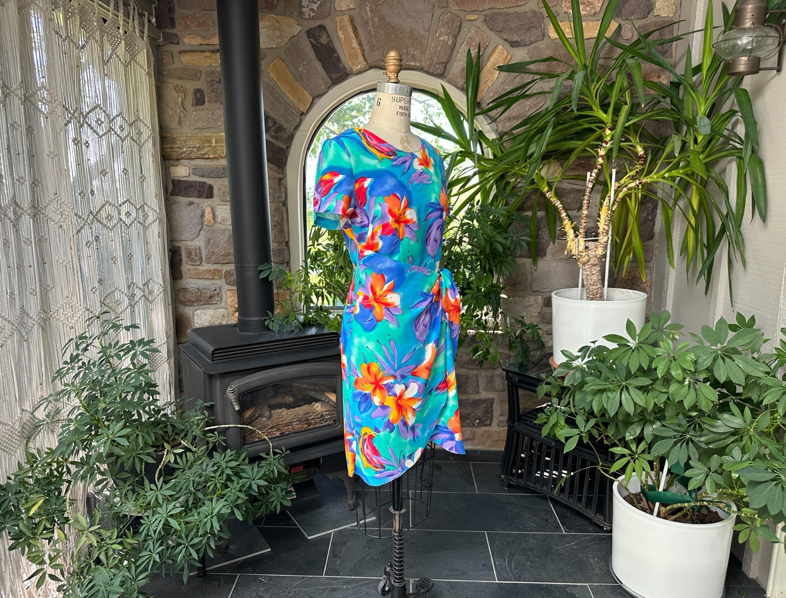 Vintage 1990s Blue and Orange Rayon Floral Sarong Style Dress K C Spencer