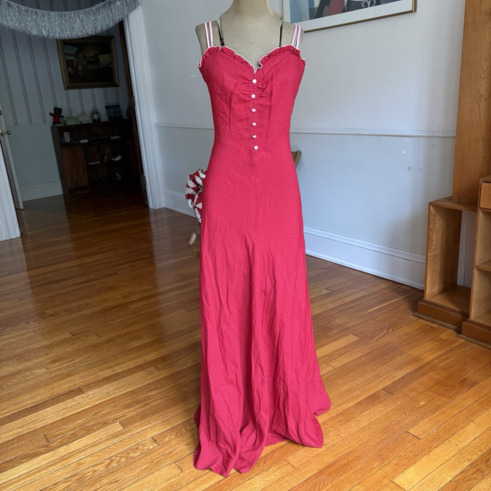 Vintage 1970s Foxy Lady Red Maxi Dress Women’s Ruffled Gown Acetate Nylon Blend