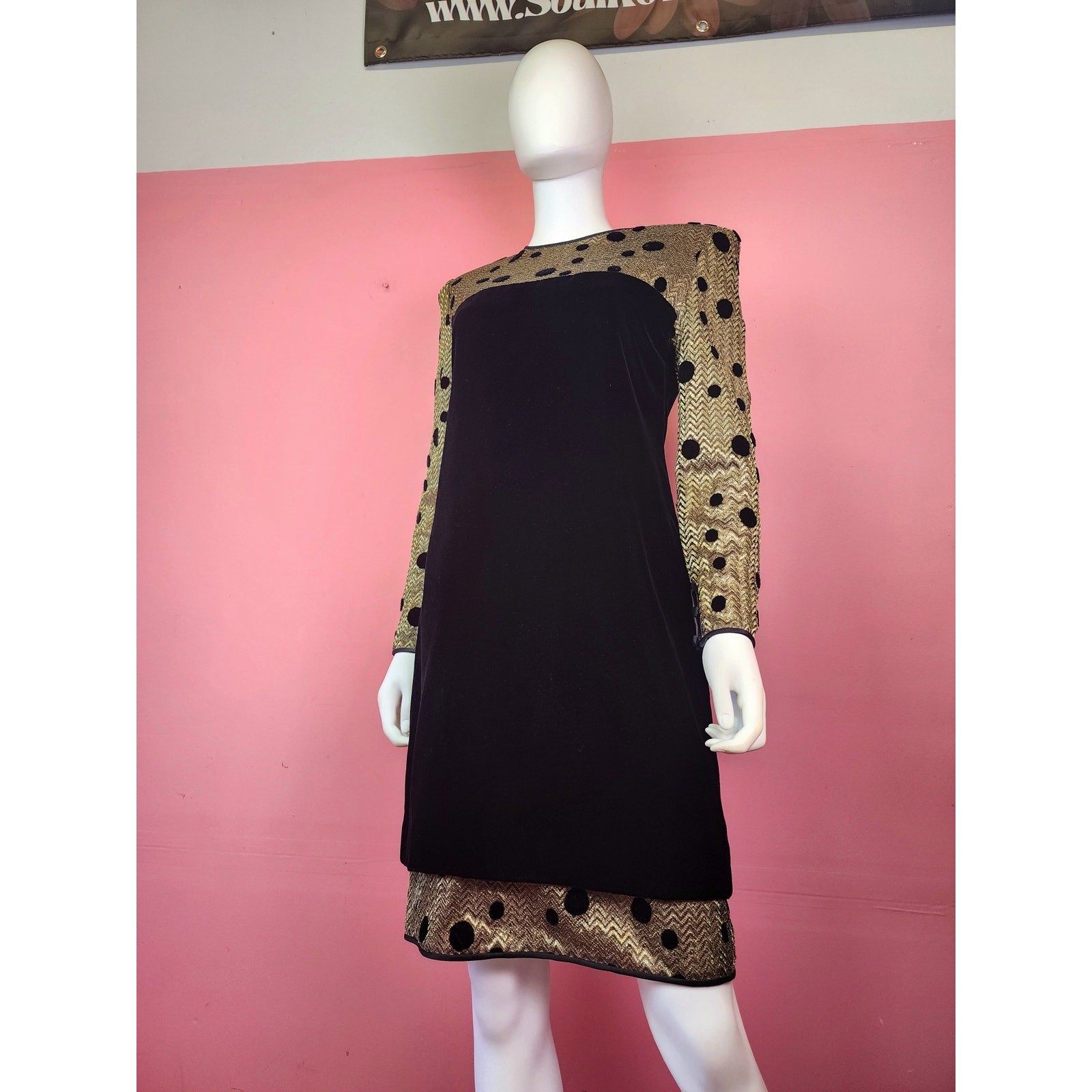 Vintage 1980’s Black Velvet Metallic Gold Polka Dot Long Sleeve Cocktail Dress