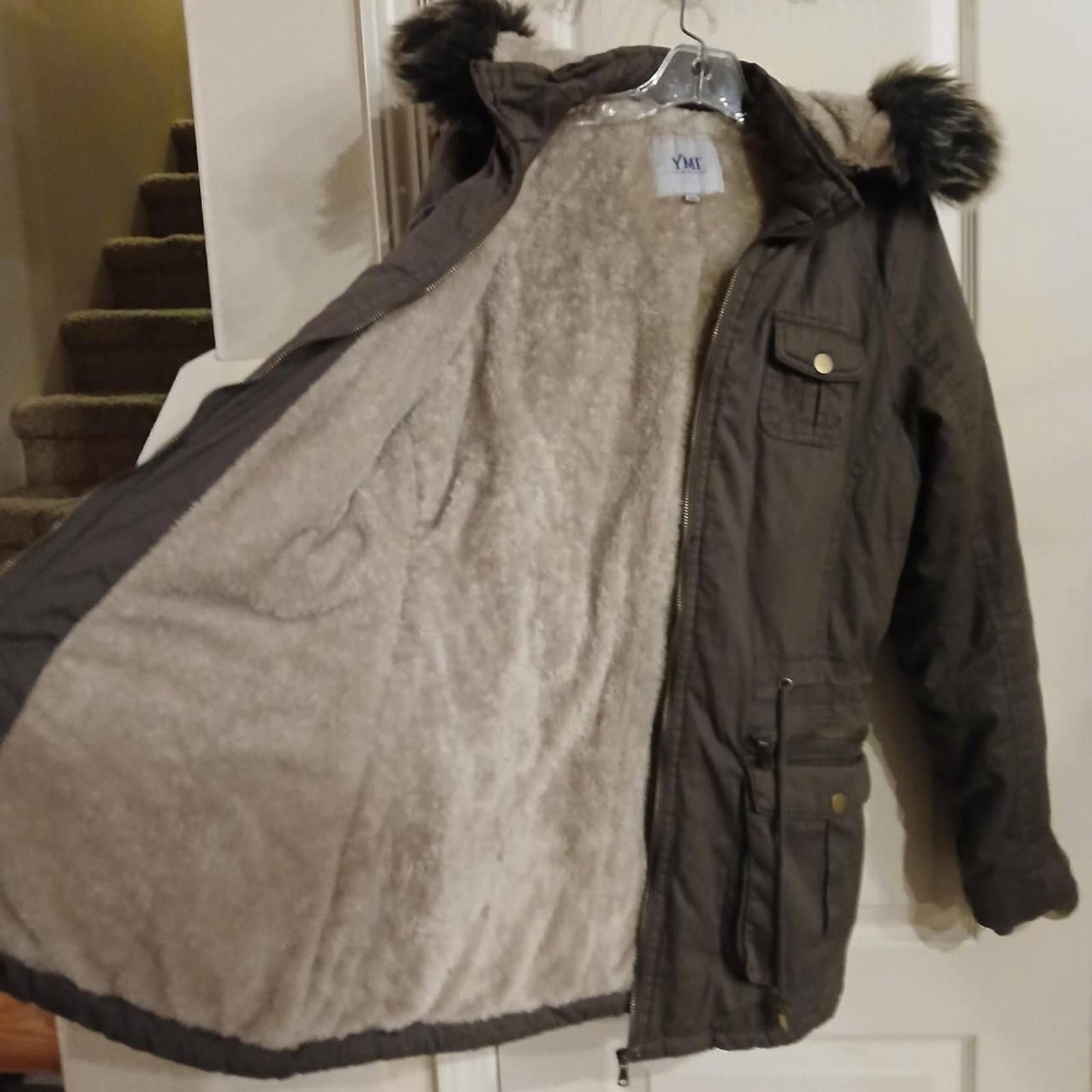 Y2K green parka utility jacket faux sherpa lining pockets faux fur trim hood M