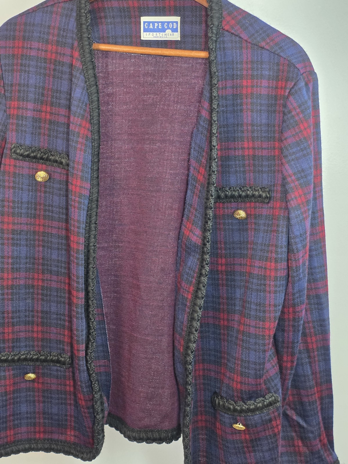 VTG 70s Cape Cod Red/Blue Plaid Blazer Gold ACCENTS Large