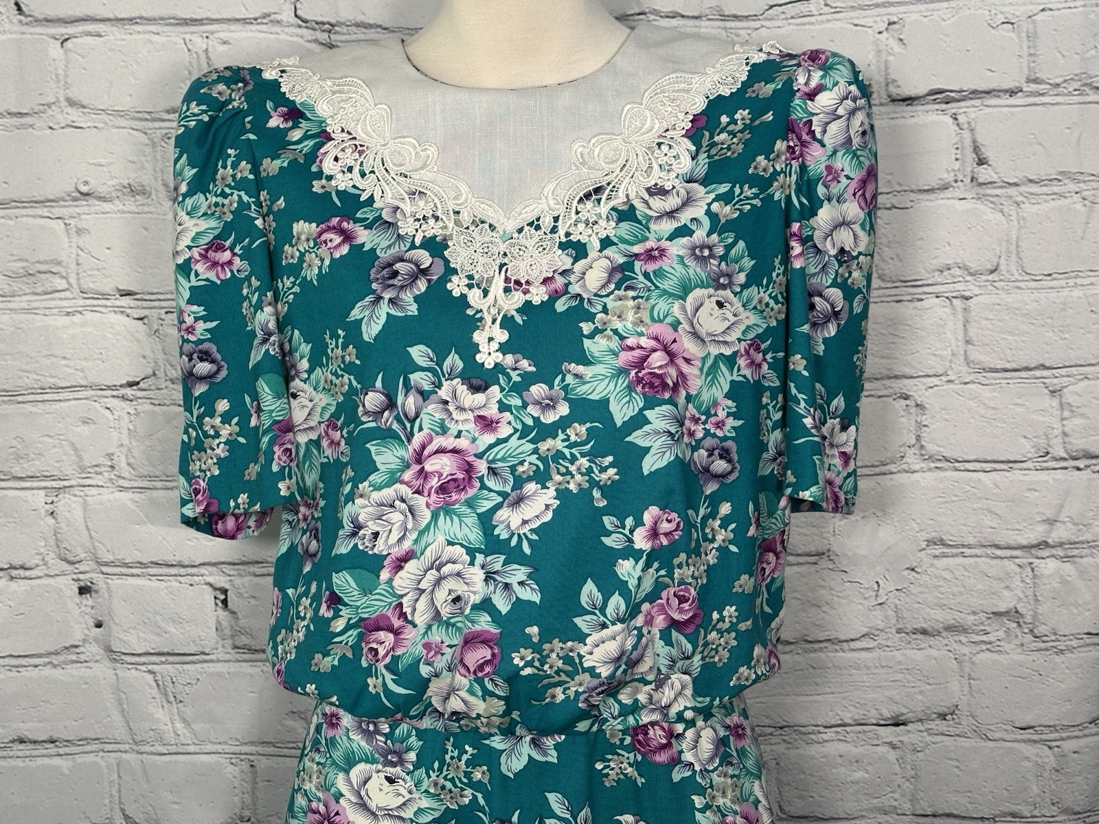 Vtg 80s Cottagecore Floral Dress Puff Sleeve Garden Party Romantic 40s Style M