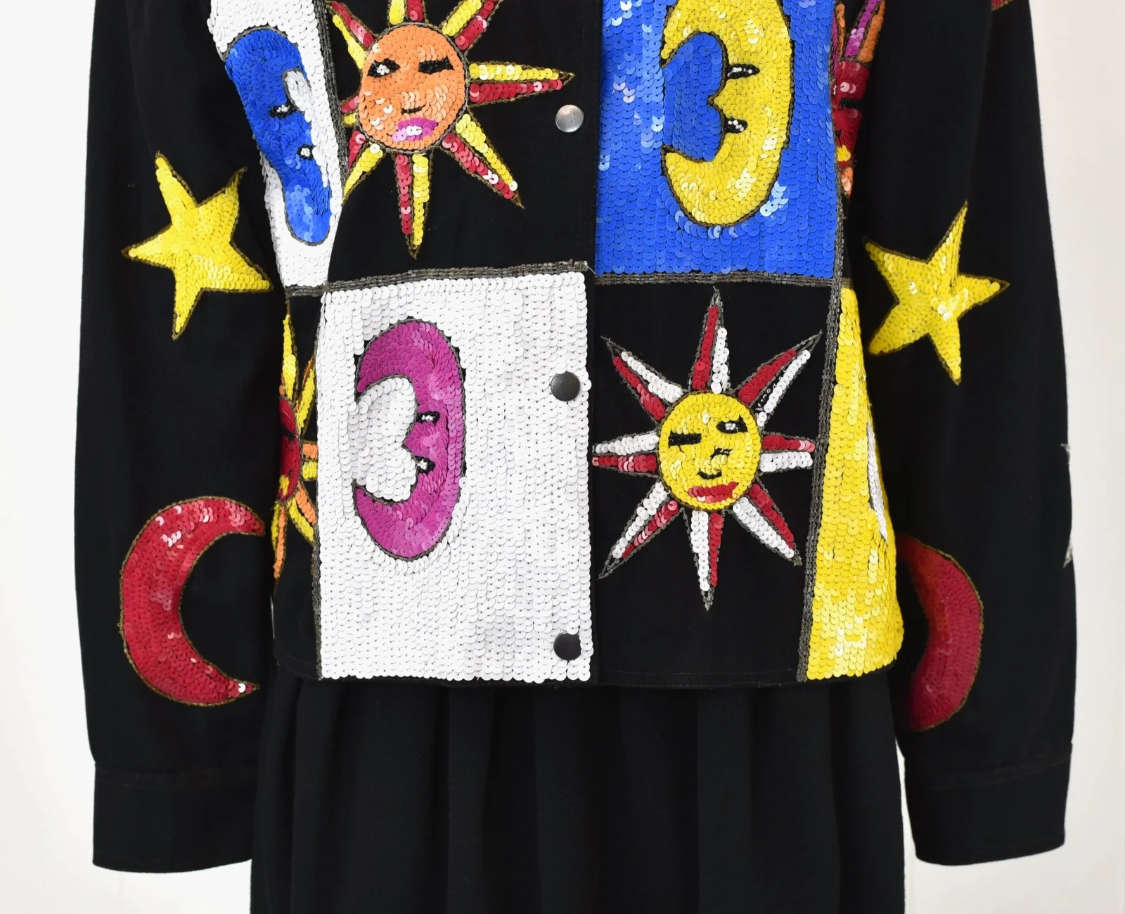 Vintage 1980s 90s Modi Sequin Celestial Sun Moon Stars Patchwork Denim Jacket