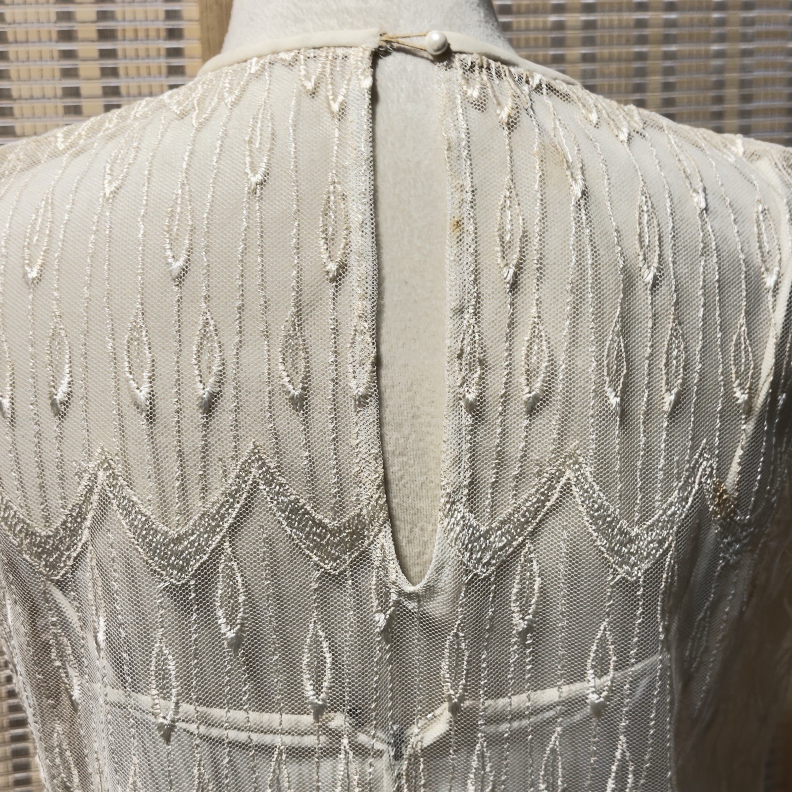 Vtg 70s 80s Sz S Gina Bacconi? Cream Lace Gatsby Wedding Party Art Deco Dress