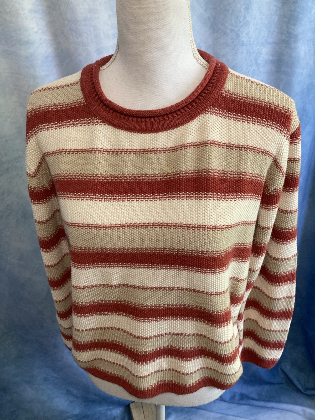 Vtg 90s Forever Creative Knit Striped Sweater Red Cream Cropped Cotton USA Indie