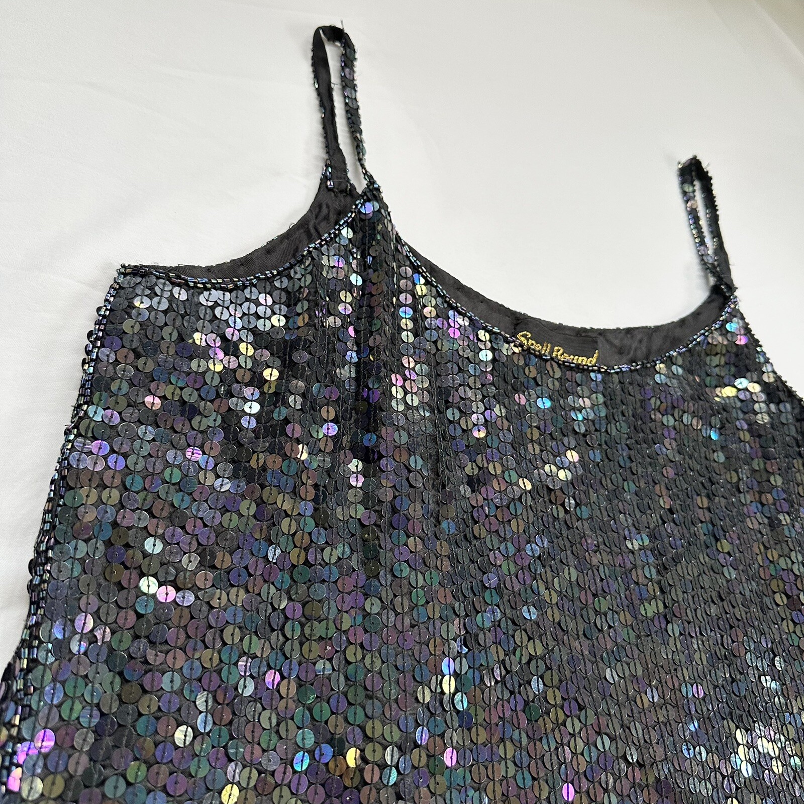 VTG 100% Silk Sequins Beaded Spaghetti Black Strap Top Spell Bound Size Medium