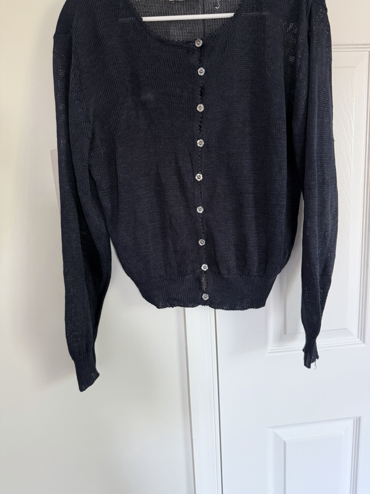Pringle of Scotland 100% Linen Navy Sweater Cardigan M Open Knit Preppy Vintage