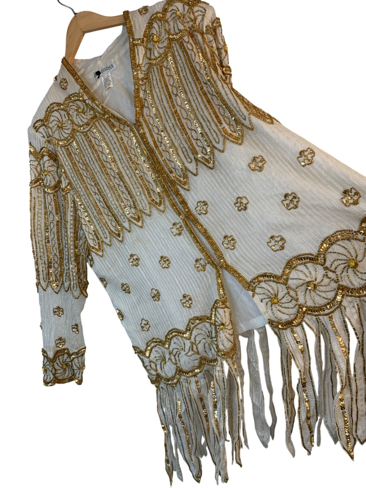 VTG 80s Rare Art Deco Gold Cream Beaded Fringe Jacket Essence By Mai XL 8686