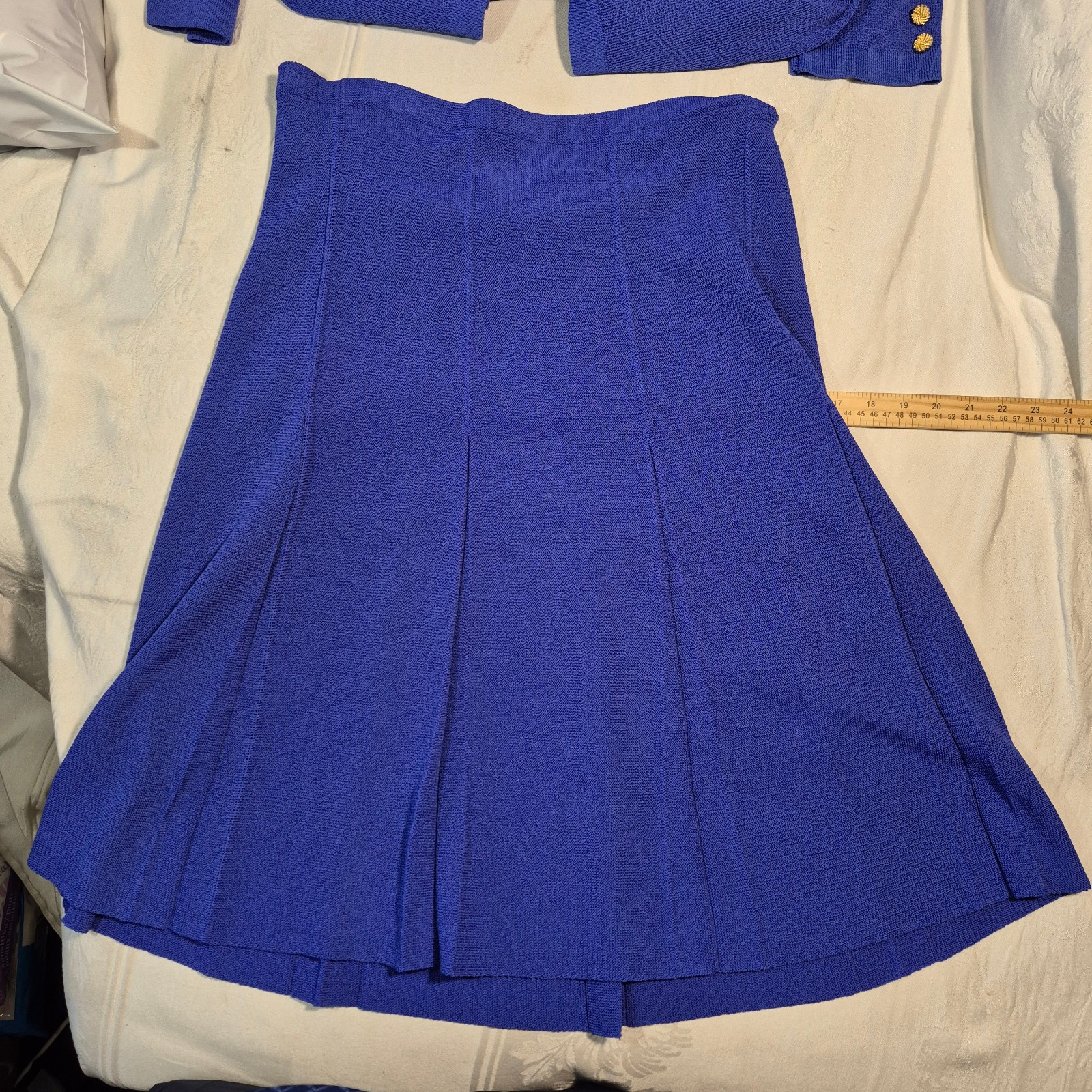Vtg Castleberry Knit Skirt Suit Set Womens 14 Royal Blue Gold Button 80s MINT
