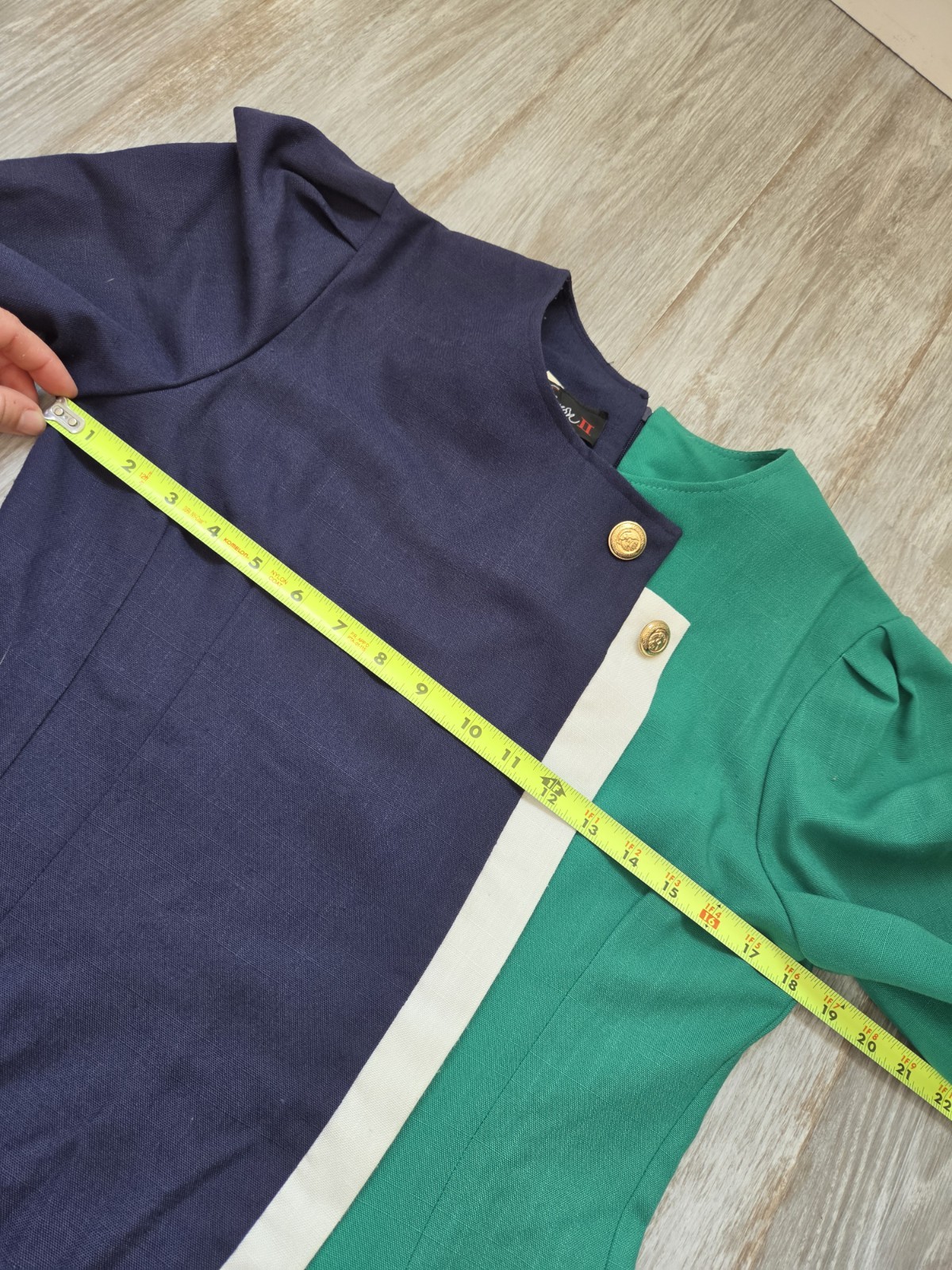 Vintage Damon II Colorblock Sheath Dress Navy Green Gold Button USA Size 10 EUC