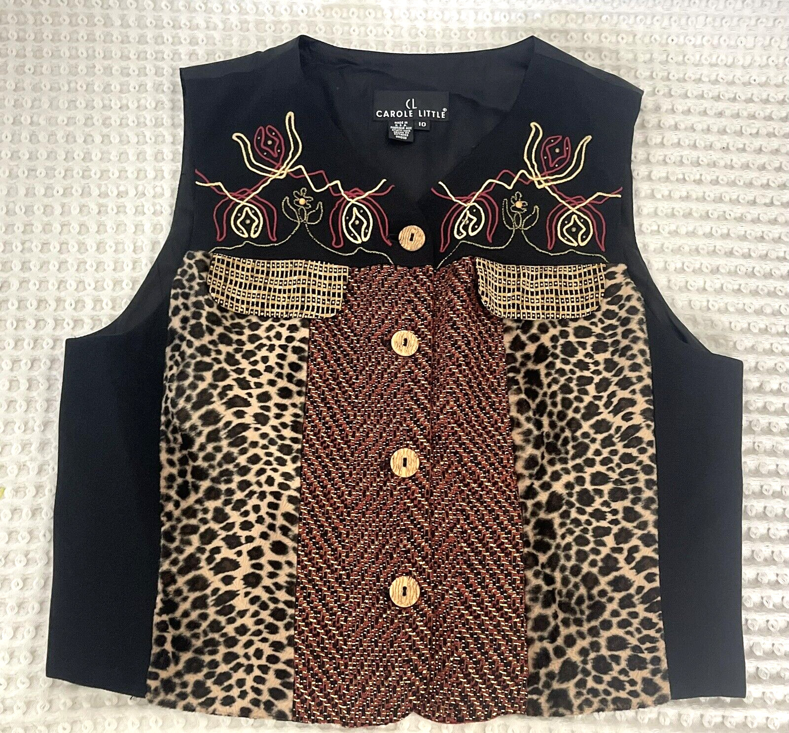 Carole Little Colorful Embroidery Animal Print Wooden Front Button Vest Sz10 VTG