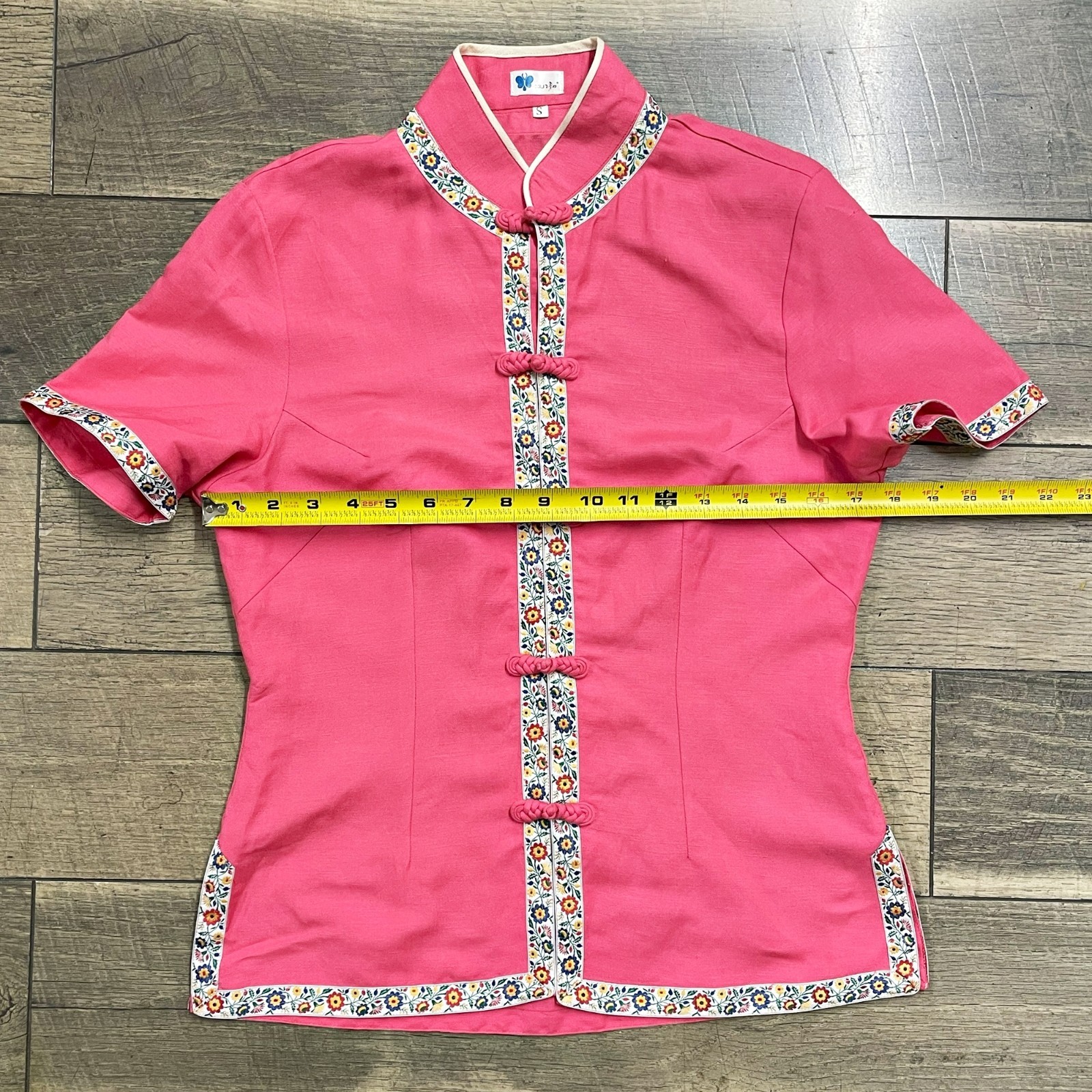 Vintage 90s Chinese Blouse Pink Floral Trim Frog Buttons Size Small
