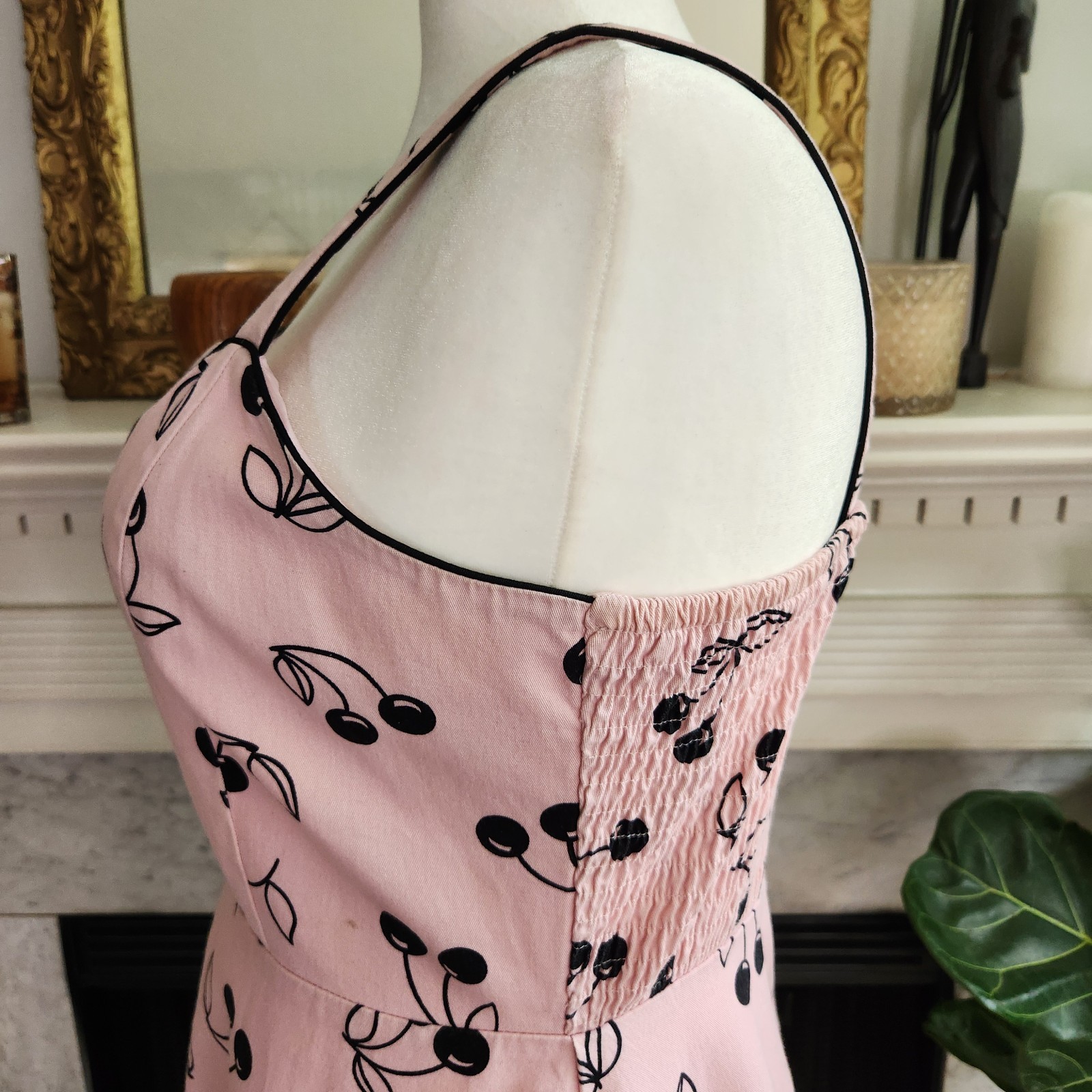 Vintage 90s Pink Cherry Print Dress Sz 12 Black Rockabilly Pinup Twee Retro