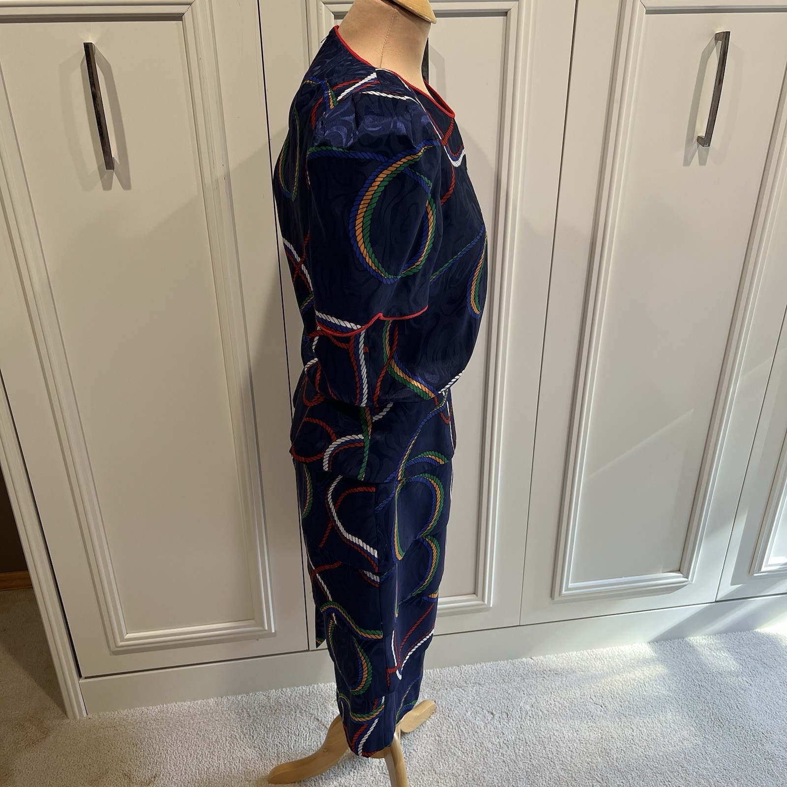 Vintage Sabino Women’s Dress Size 8 Navy Rope Print Tiered Nautical 80s Designer