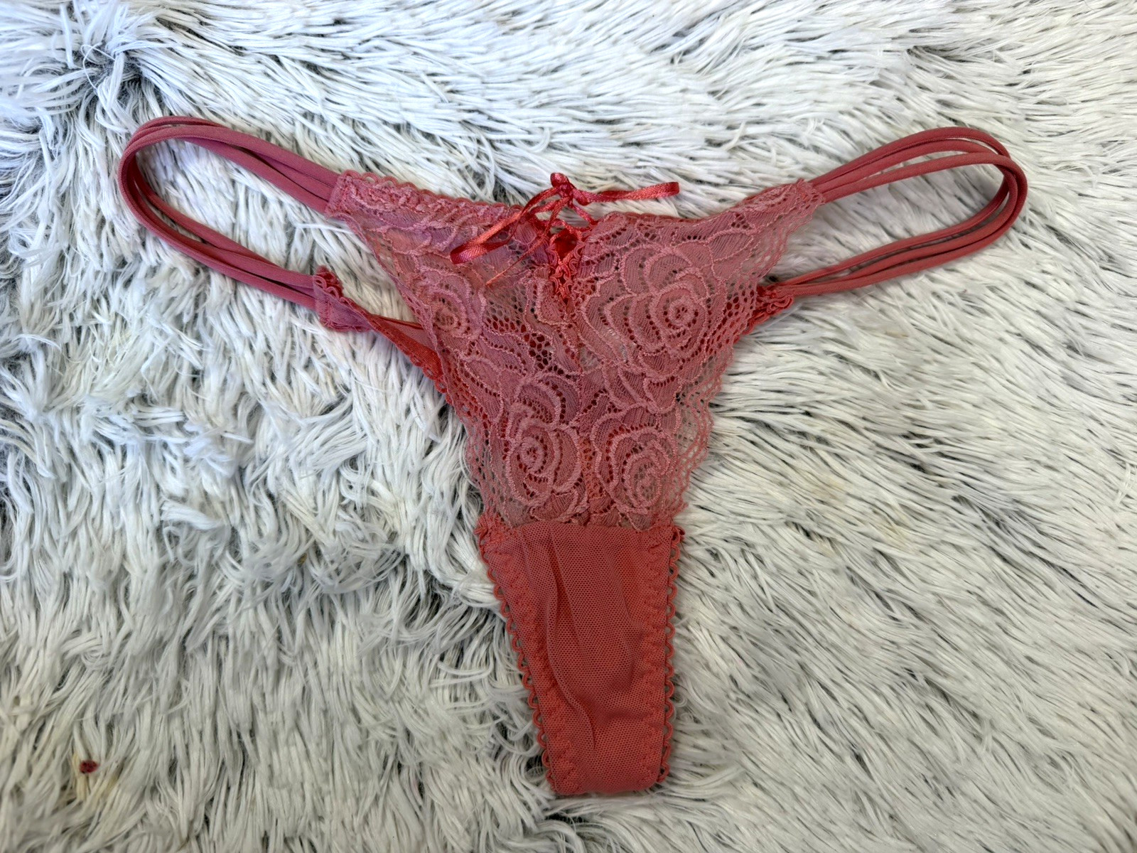 Vtg Panties Y2K Women’s Pink Thong side Straps Mesh Lace Sz Lg Strappy