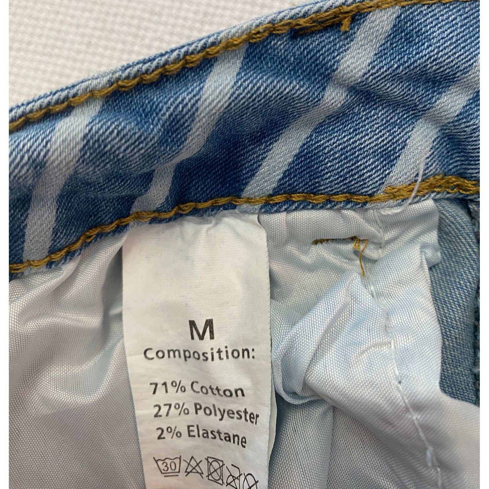 High Rise Flare Jean Blue White Stripe Bell Bottom Raw Hem Retro Boho Festival M