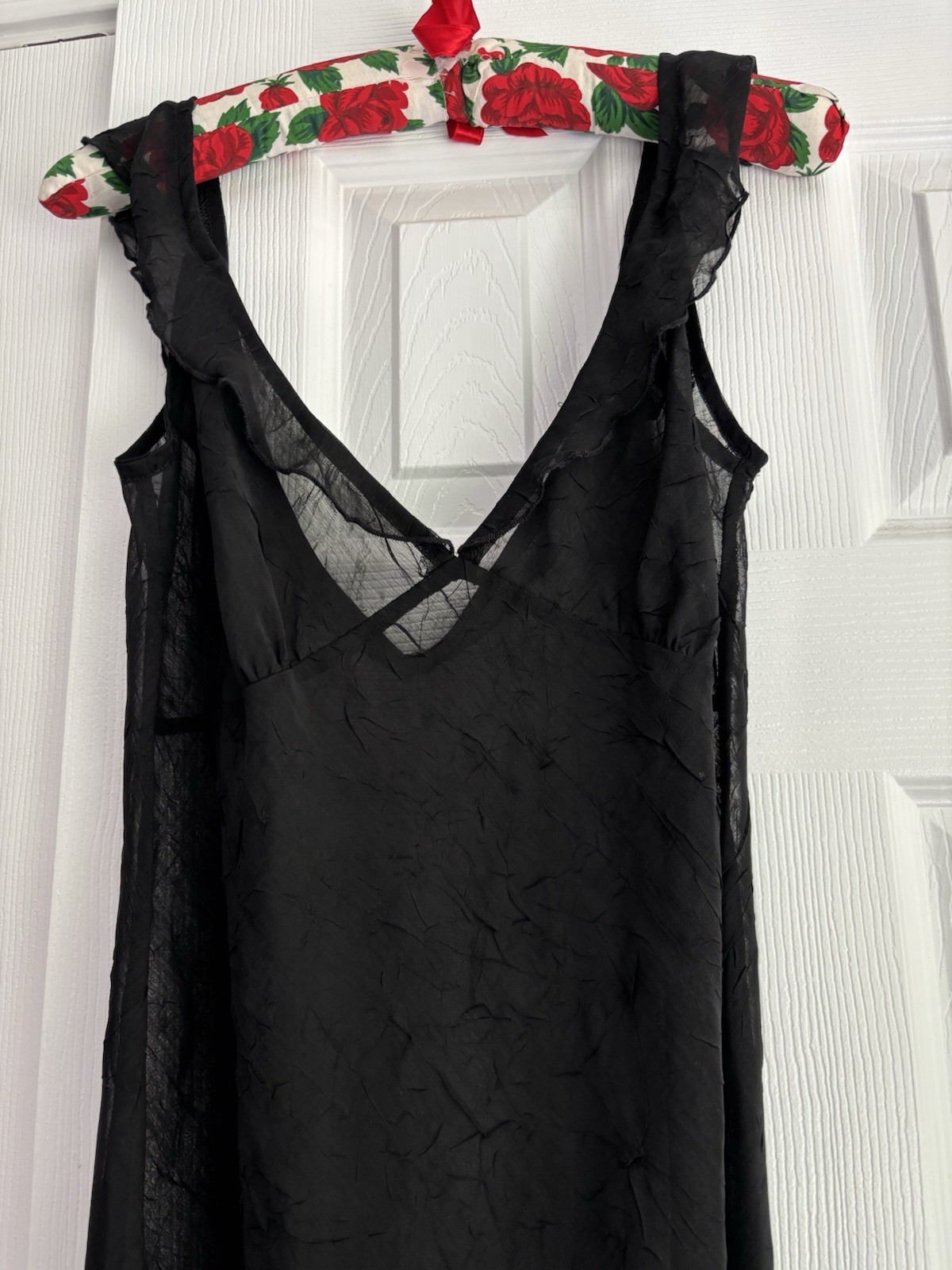 90s Y2K Crinkle Sheer Black Midi Slip Dress W/ Ruffle Fairy Whimsigoth Witchy