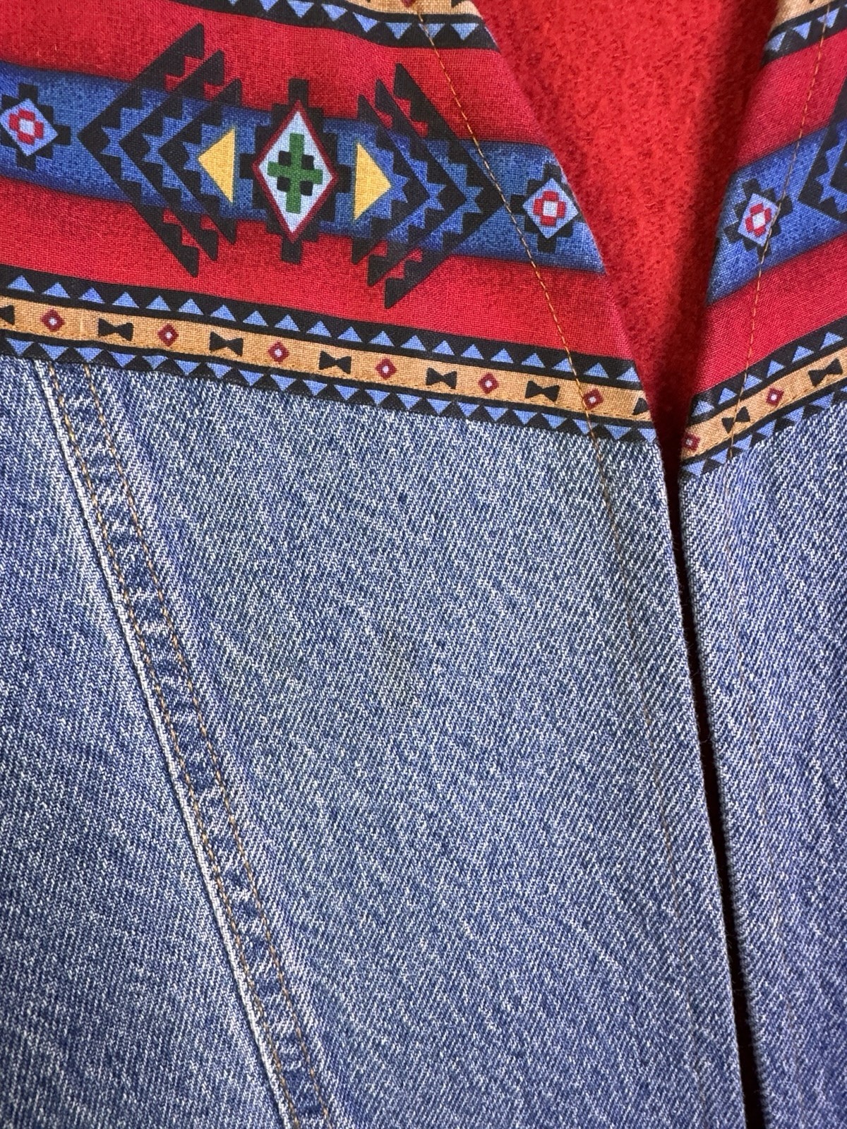 Jerzees Womens Red Denim Tribal Jacket Open Front Reworked 90s 3XL Handmade Vtg