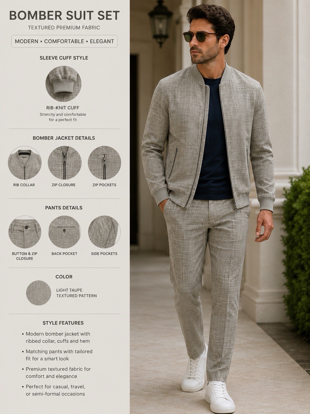 Italian Style Bomber Suit Set With Matching Pants Modern Fit Large Comfort Suit