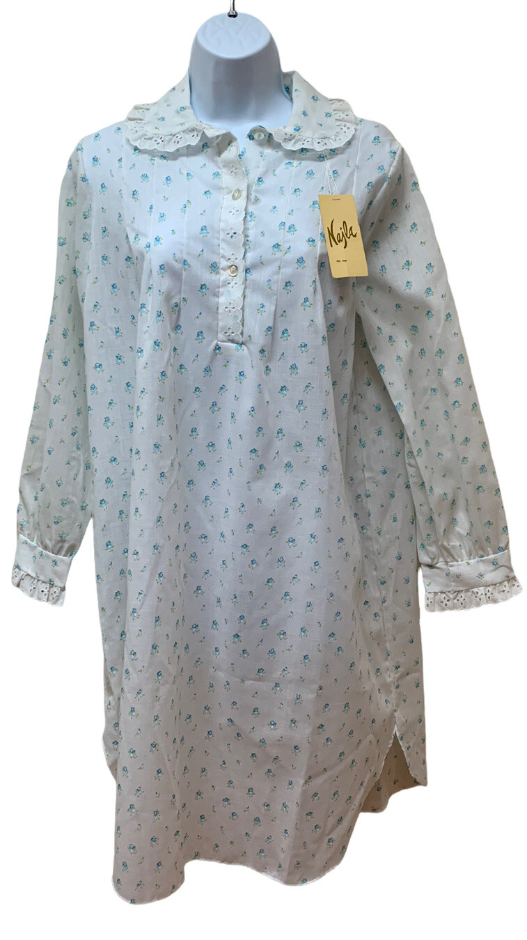 Vintage Najla New York Night Shirt Dainty Blue Floral Cotton Dacron M USA NOS