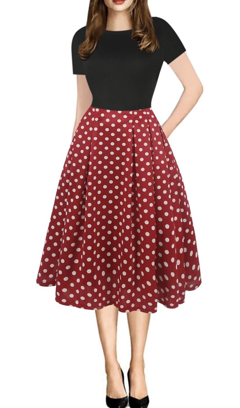 Women’s Vintage Patchwork Pockets Puffy Swing Casual Party Dress XL All Black