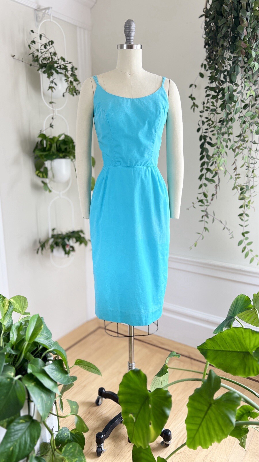 Vintage 1950s 1960s Blue Cotton Spaghetti Strap Wiggle Sundress Pin Up Day Dress