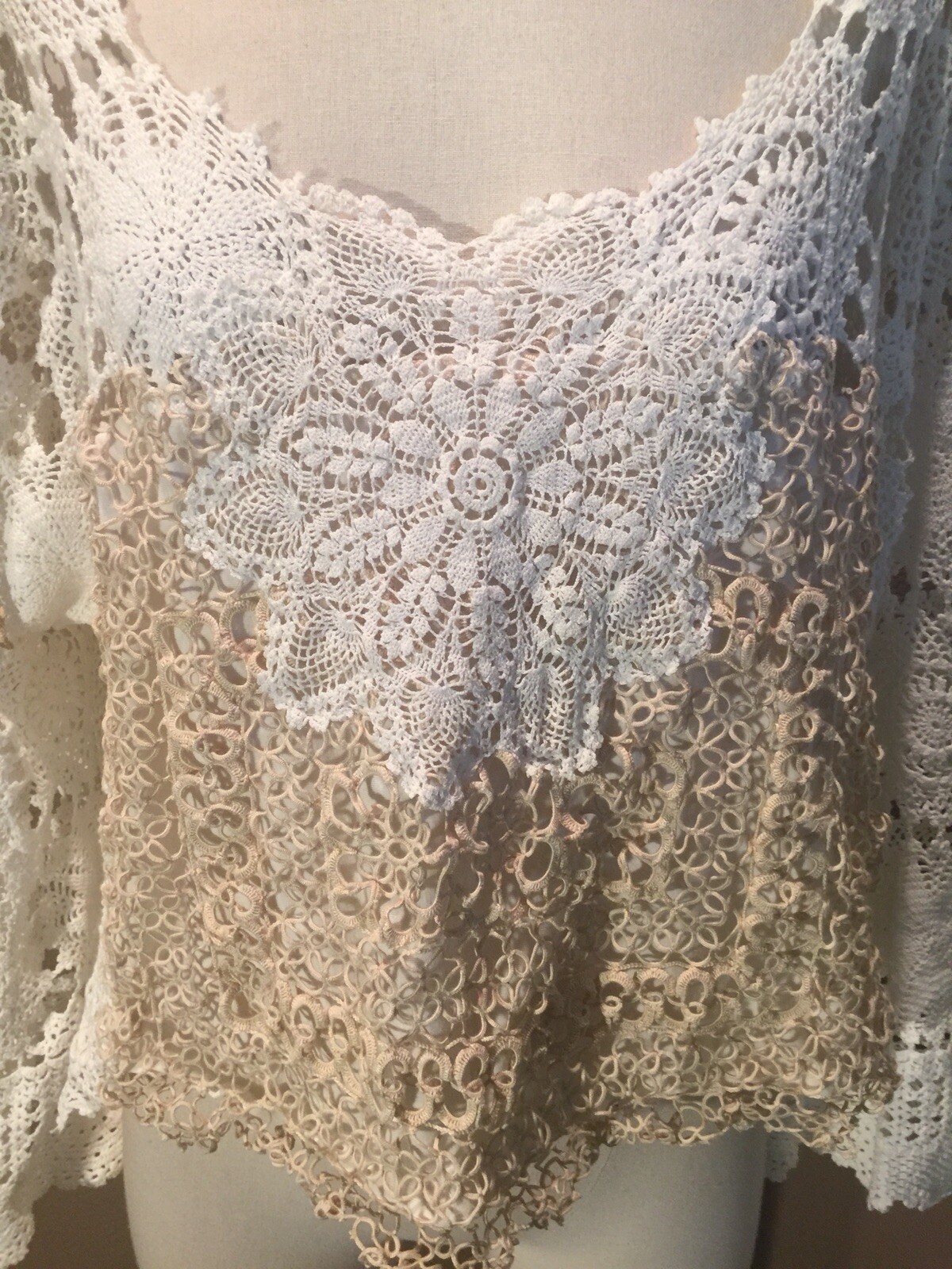 Antique Vtg Handmade M White Crochet Tatted Lace Coquette Top Blouse