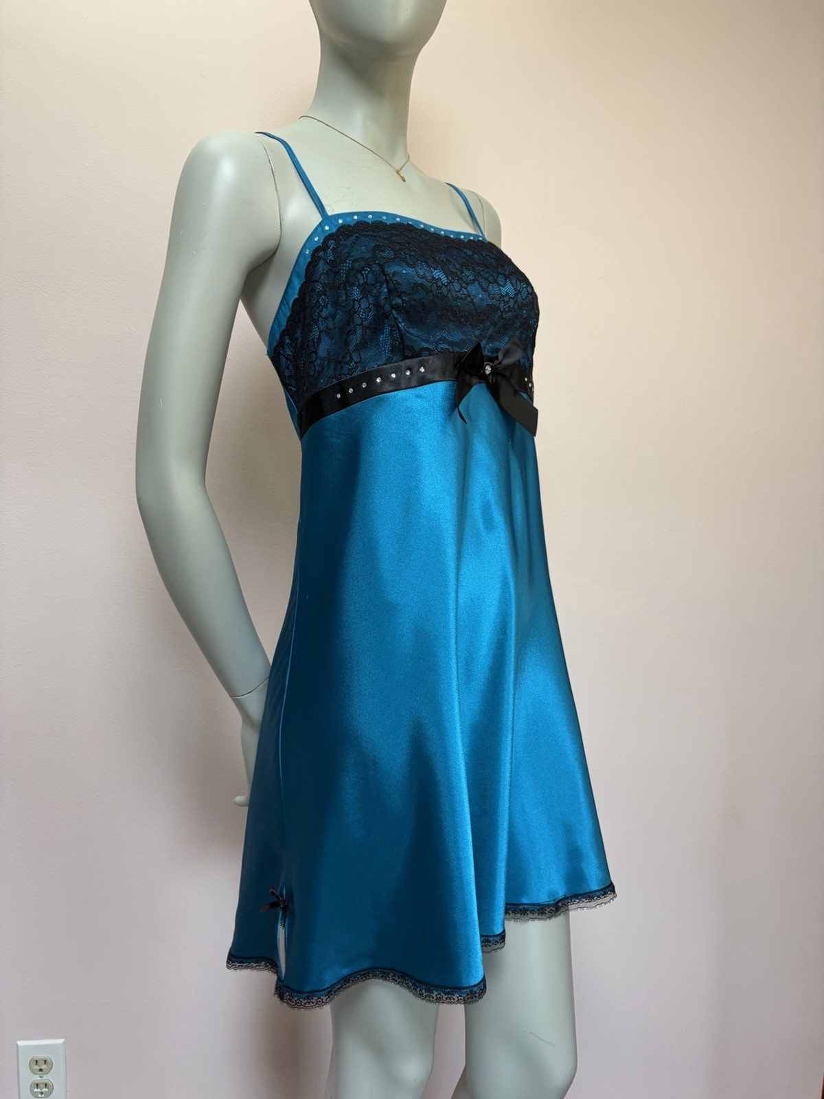 Vintage Y2K Morgan Taylor Teal Rhinestone Bows Satin Lace Slip Dress Chemise L